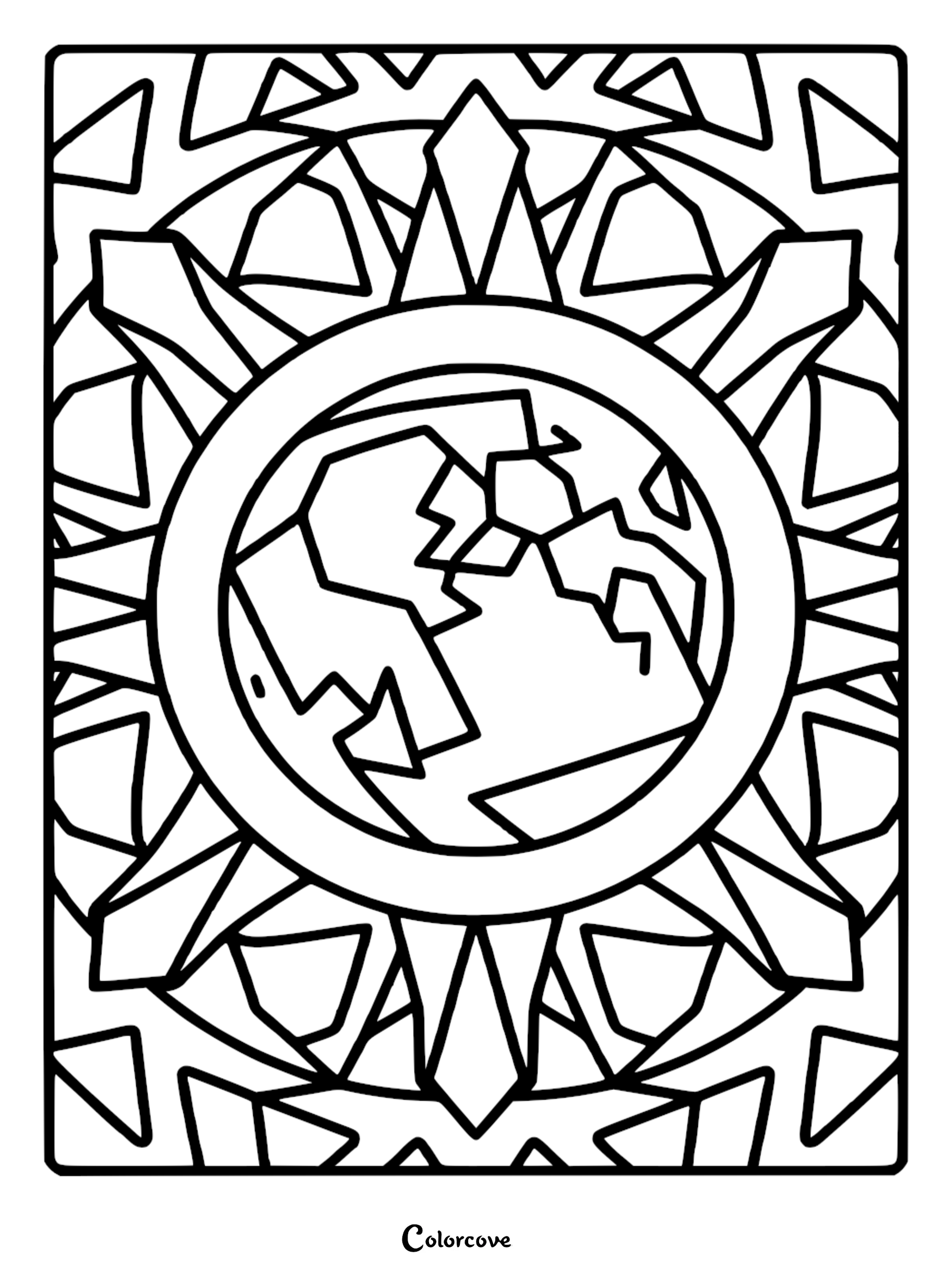 A beautiful geometric moon mandala coloring page featuring a stylized celestial design surrounded by intricate patterns, perfect for adults and kids.