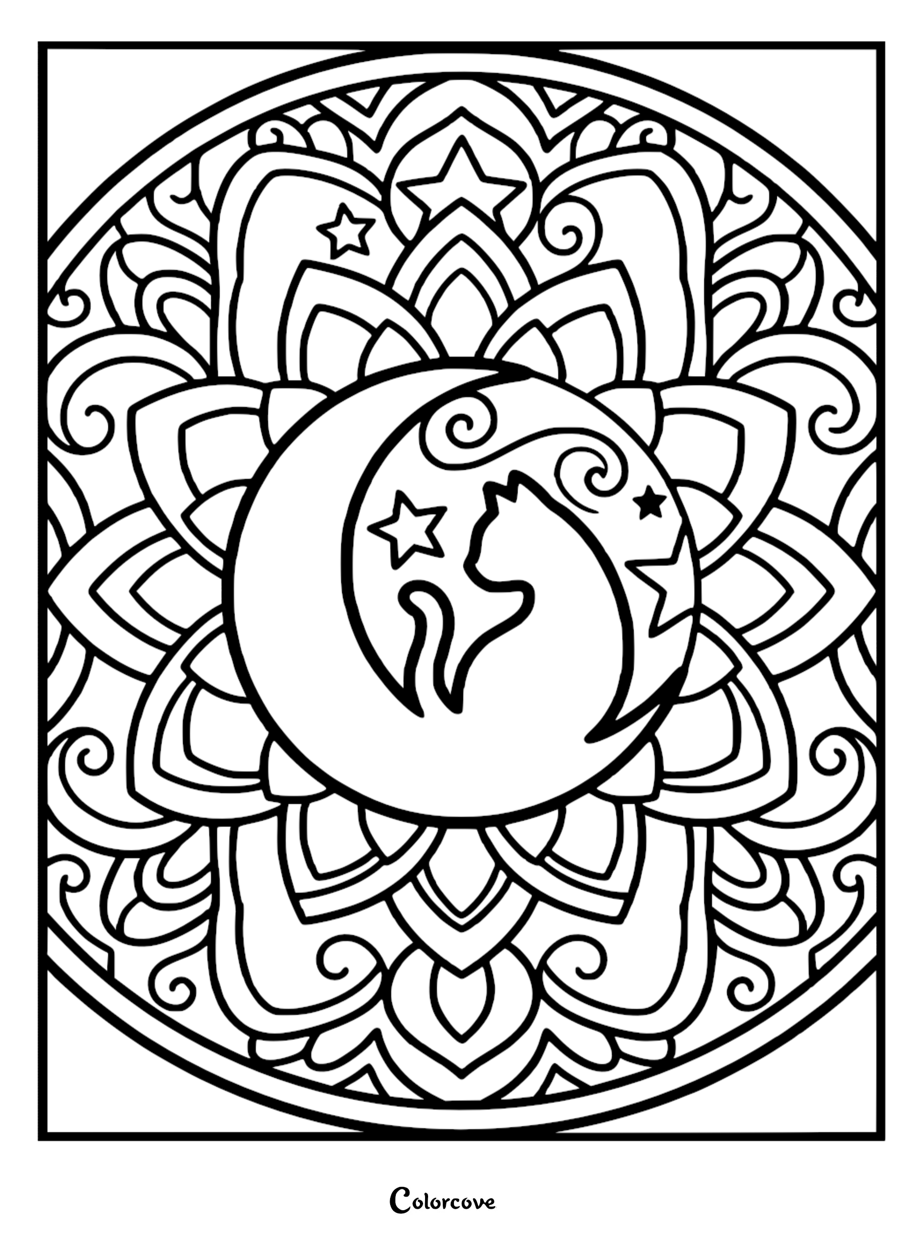 A beautiful cat sitting inside a moon mandala coloring page with intricate patterns, stars, and swirls for relaxation.