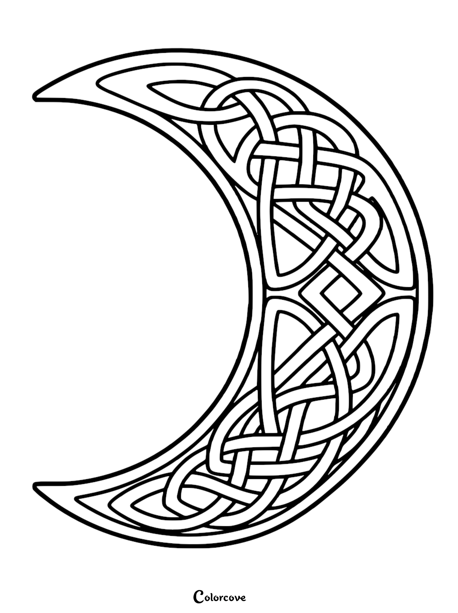A beautiful Celtic moon mandala coloring page with intricate knotwork patterns inside a crescent moon shape for adults and children.