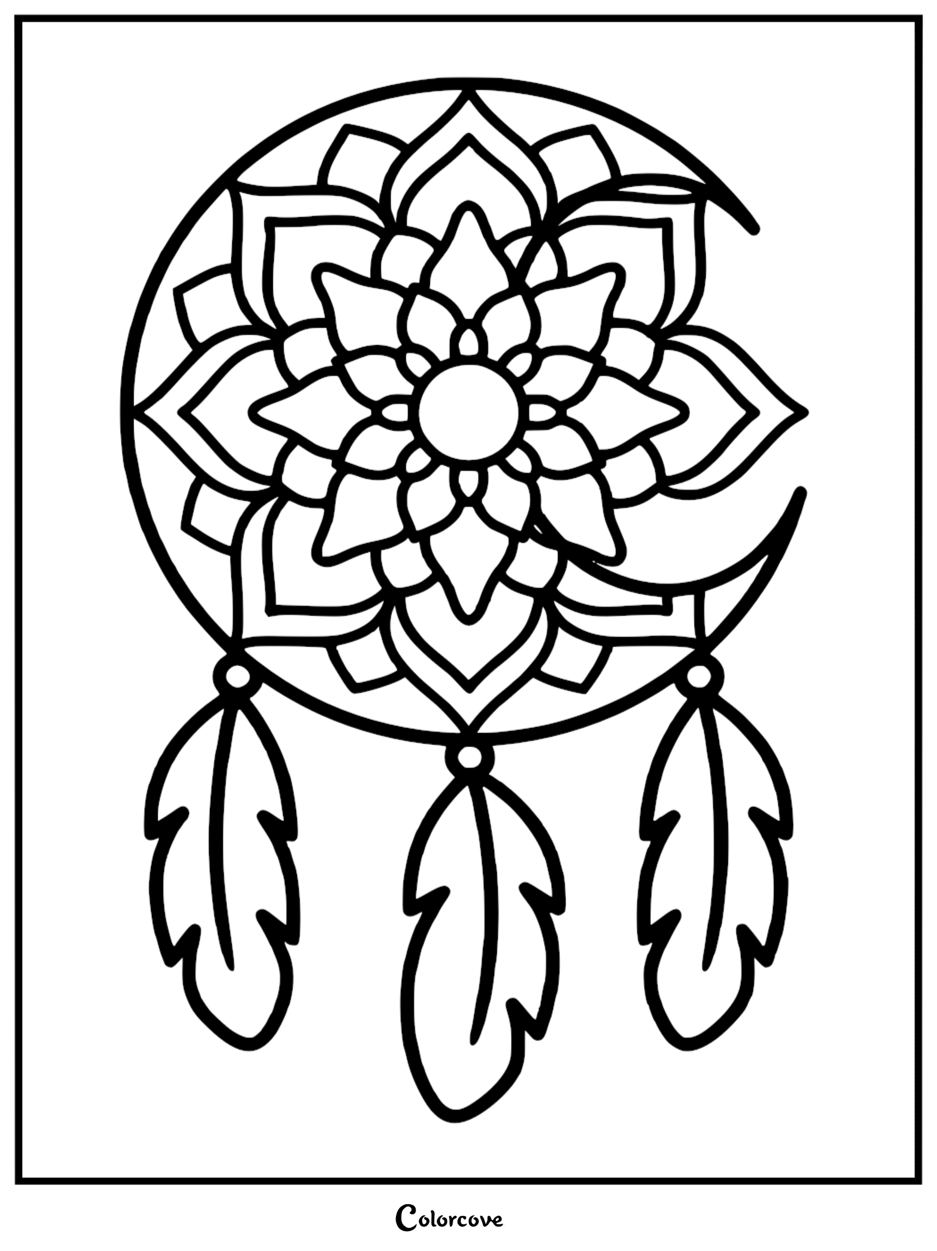 A beautiful moon mandala dreamcatcher coloring page with intricate flower petals and dangling feathers, perfect for relaxation and mindfulness.