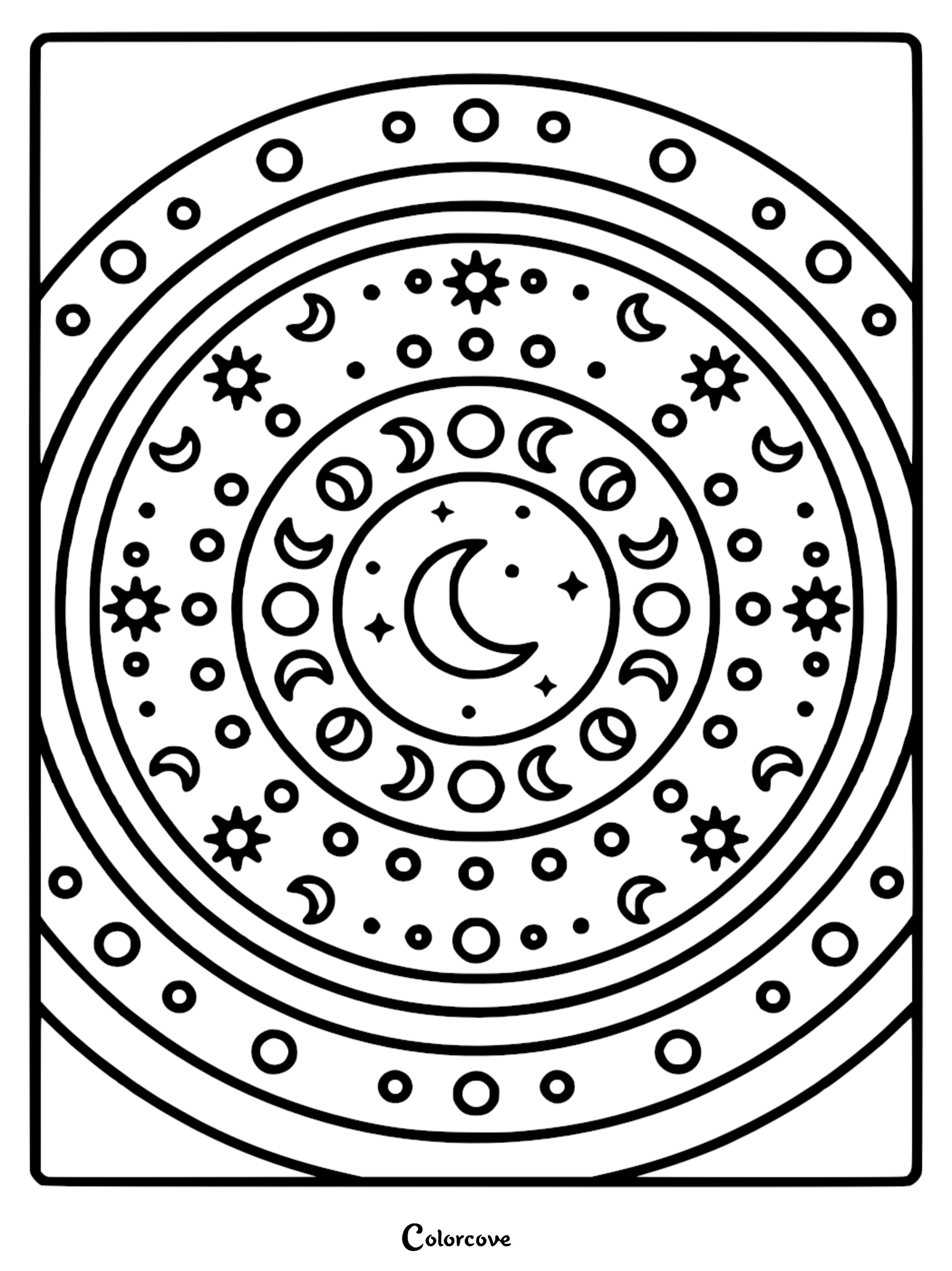 A beautiful Moon Mandala coloring page featuring celestial stars, crescent moon phases, and circular geometric patterns for relaxation.