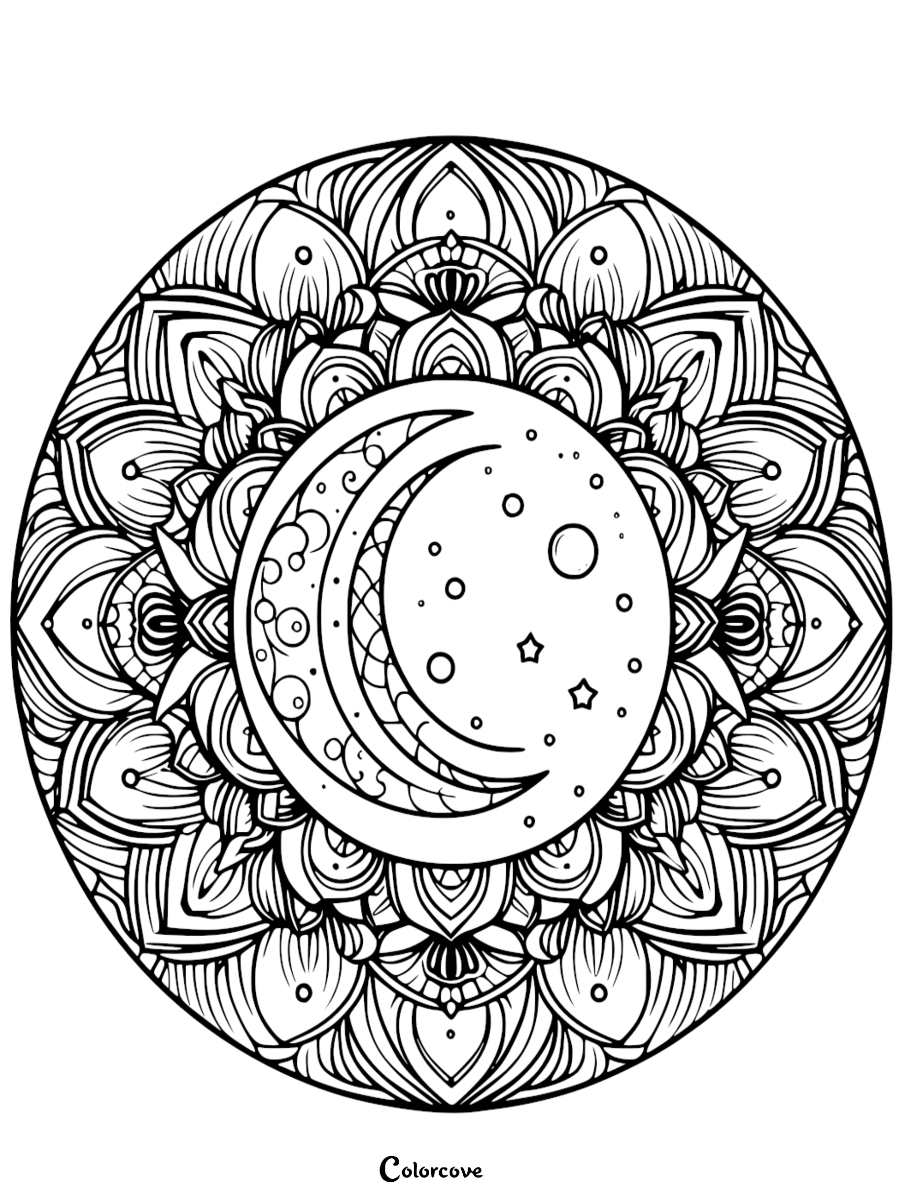 An intricate celestial mandala coloring page featuring a decorative crescent moon and stars centered within detailed floral and geometric patterns.
