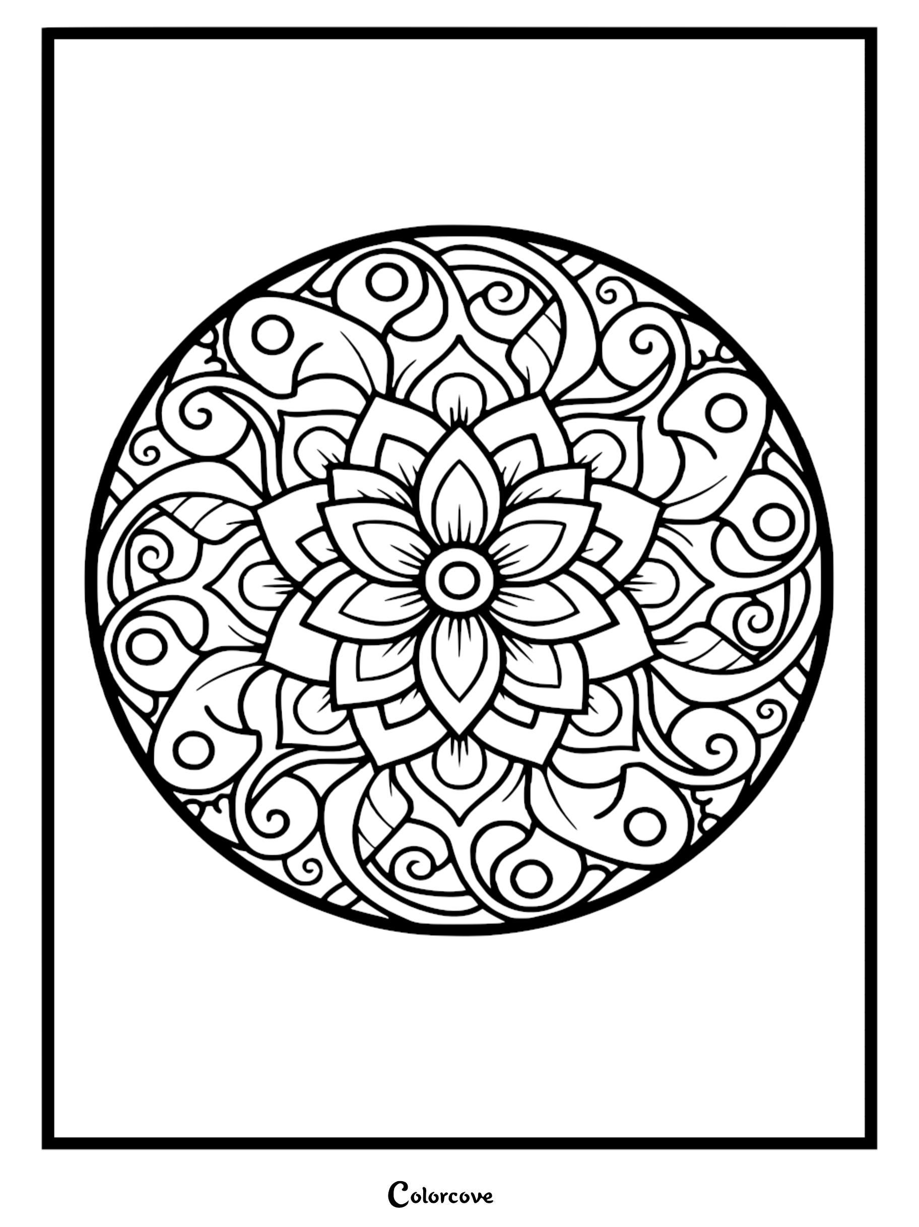 An intricate moon mandala coloring page featuring floral patterns and cosmic swirls, perfect for mindful relaxation and printable art.