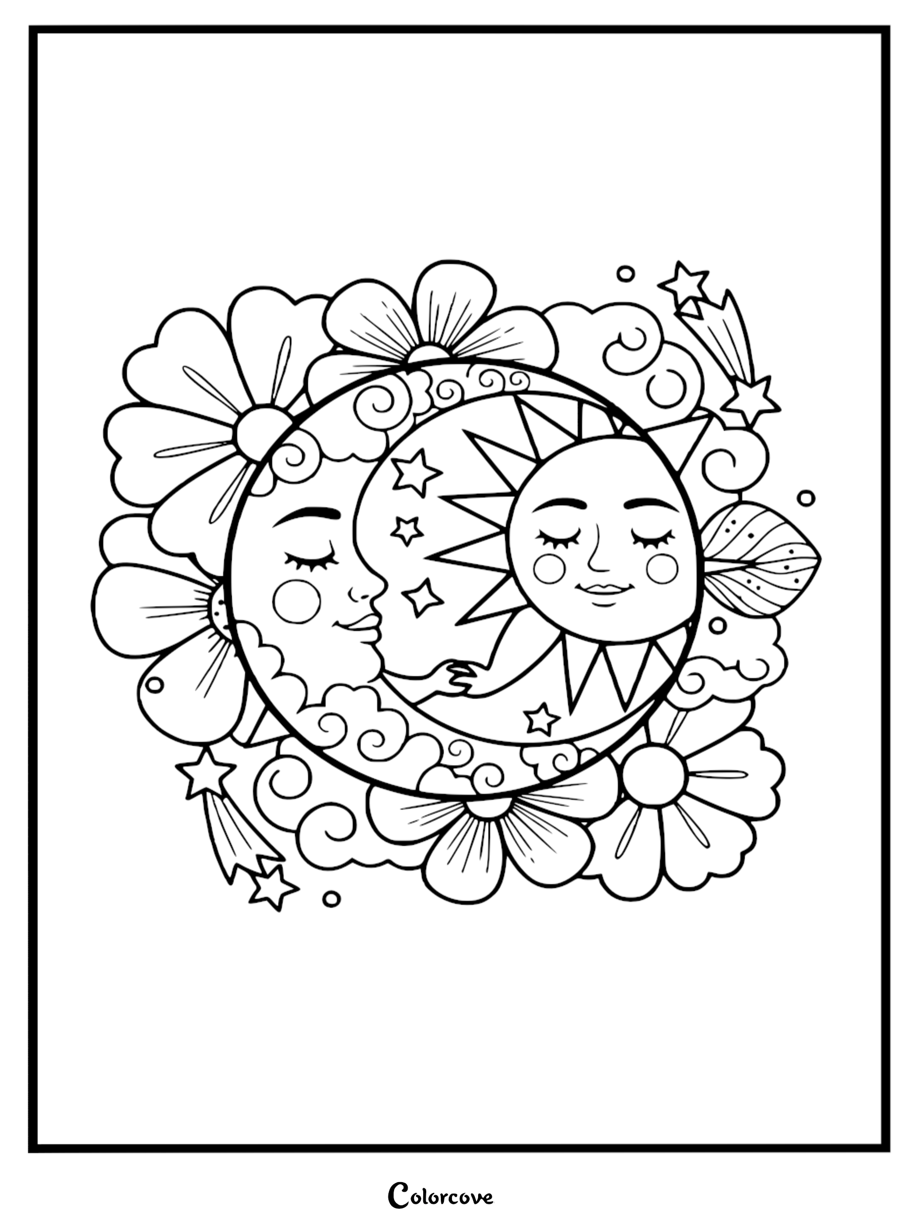A whimsical celestial mandala coloring page featuring a peaceful sun and moon surrounded by flowers, clouds, and stars for artistic relaxation.