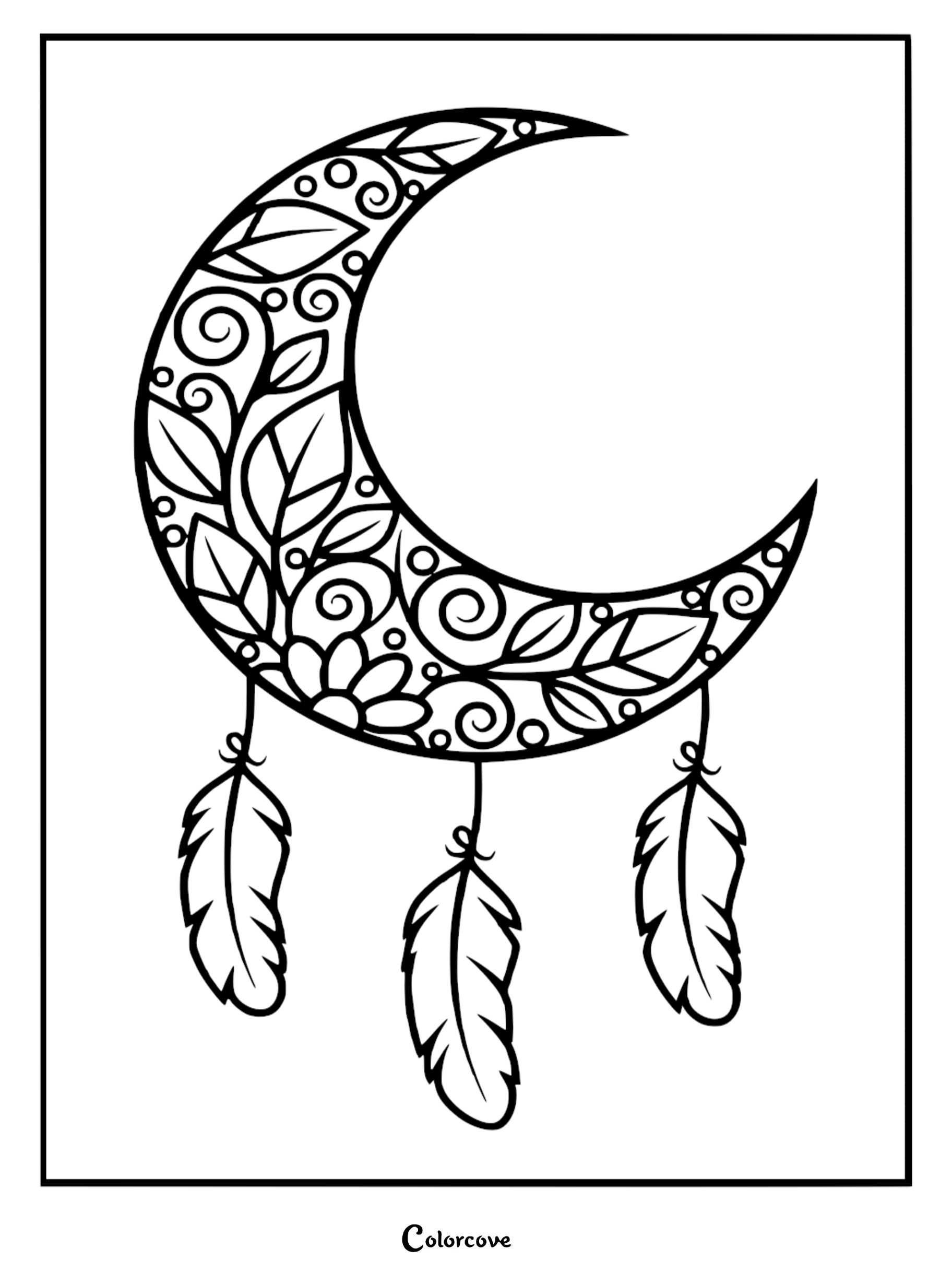 A beautiful crescent moon mandala coloring page featuring intricate floral patterns, swirling vines, and hanging feathers for relaxing art therapy.