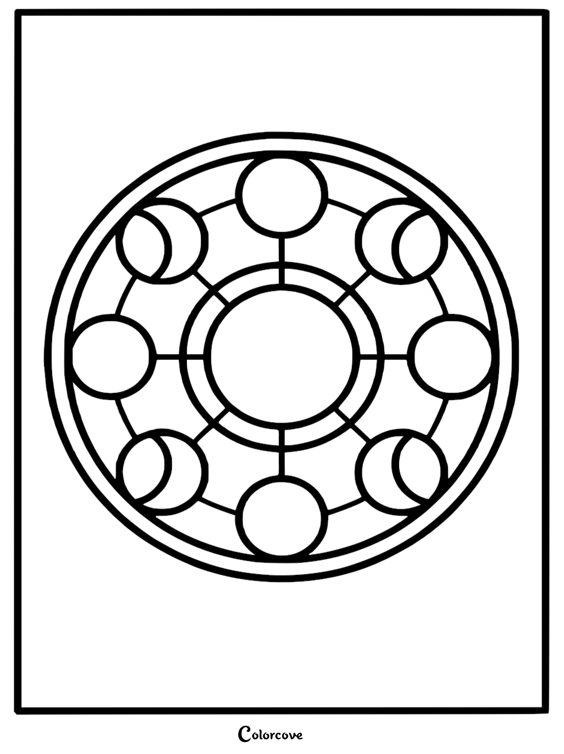 A printable Moon Mandala coloring page featuring a celestial design of moon phases in a circular pattern for relaxation and creative art.