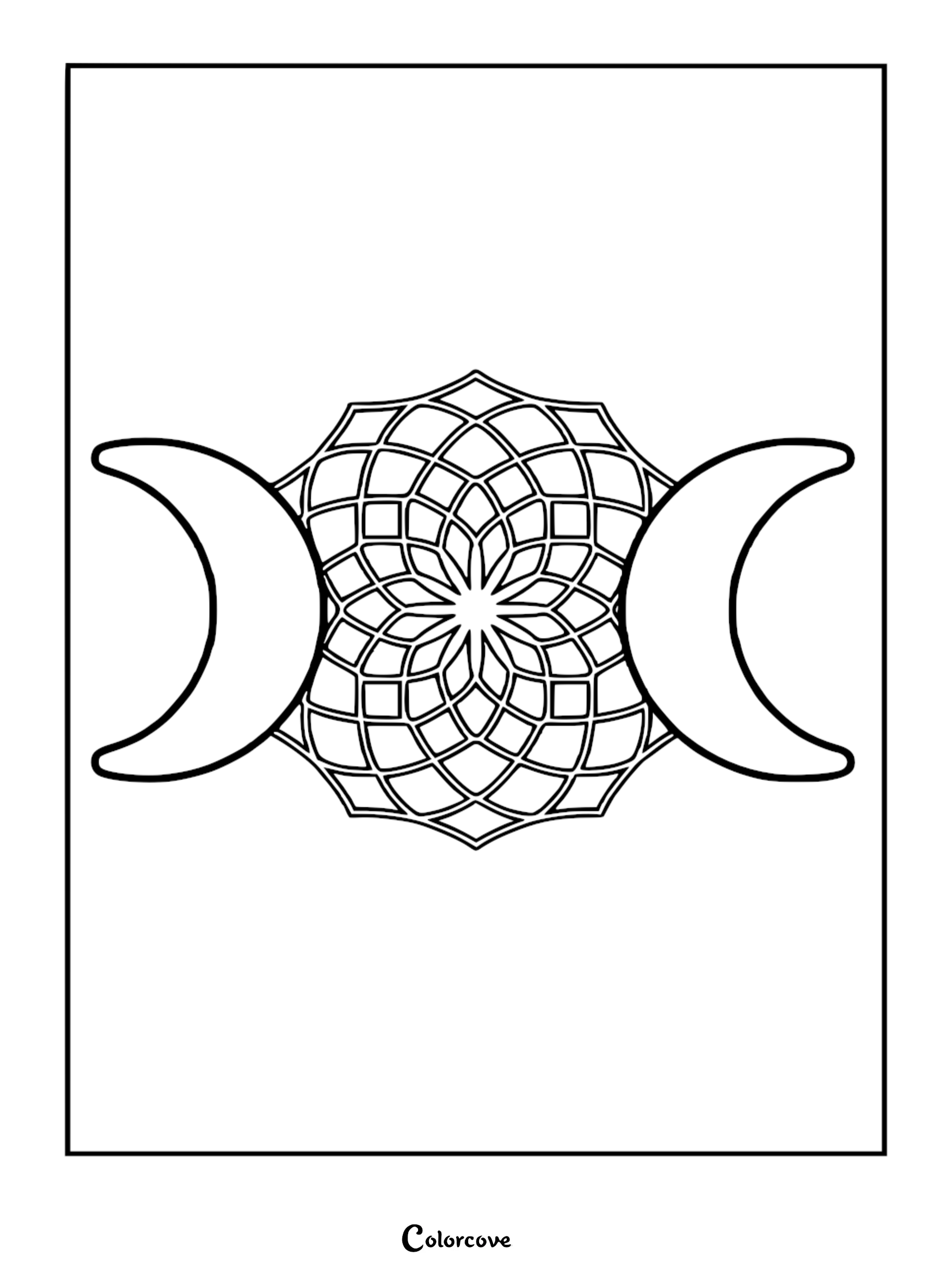 A beautiful Triple Moon Mandala coloring page featuring intricate geometric patterns flanked by two crescent moons, perfect for relaxation and mindful coloring.