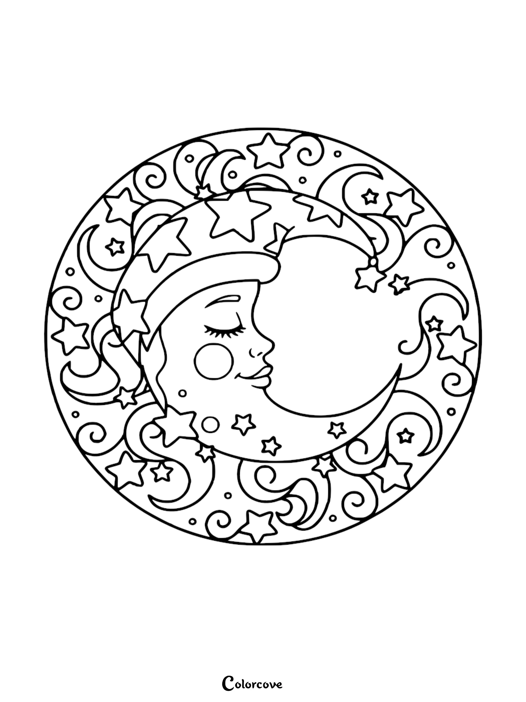 A beautiful Moon Mandala coloring page featuring a sleepy crescent moon surrounded by stars and swirling patterns for adults and kids to color.