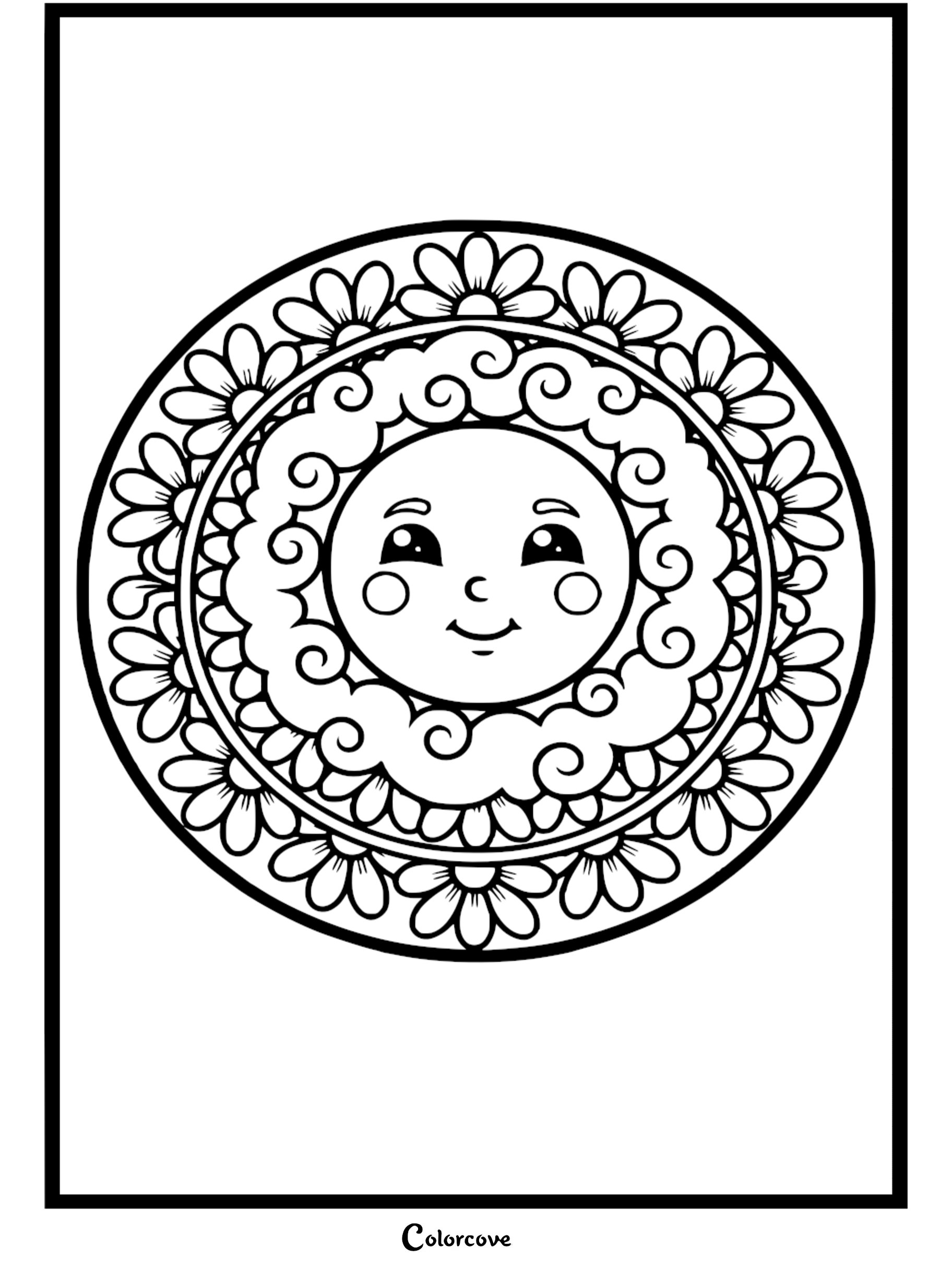 A printable Moon Mandala coloring page featuring a smiling celestial moon surrounded by swirling clouds and a floral daisy pattern.