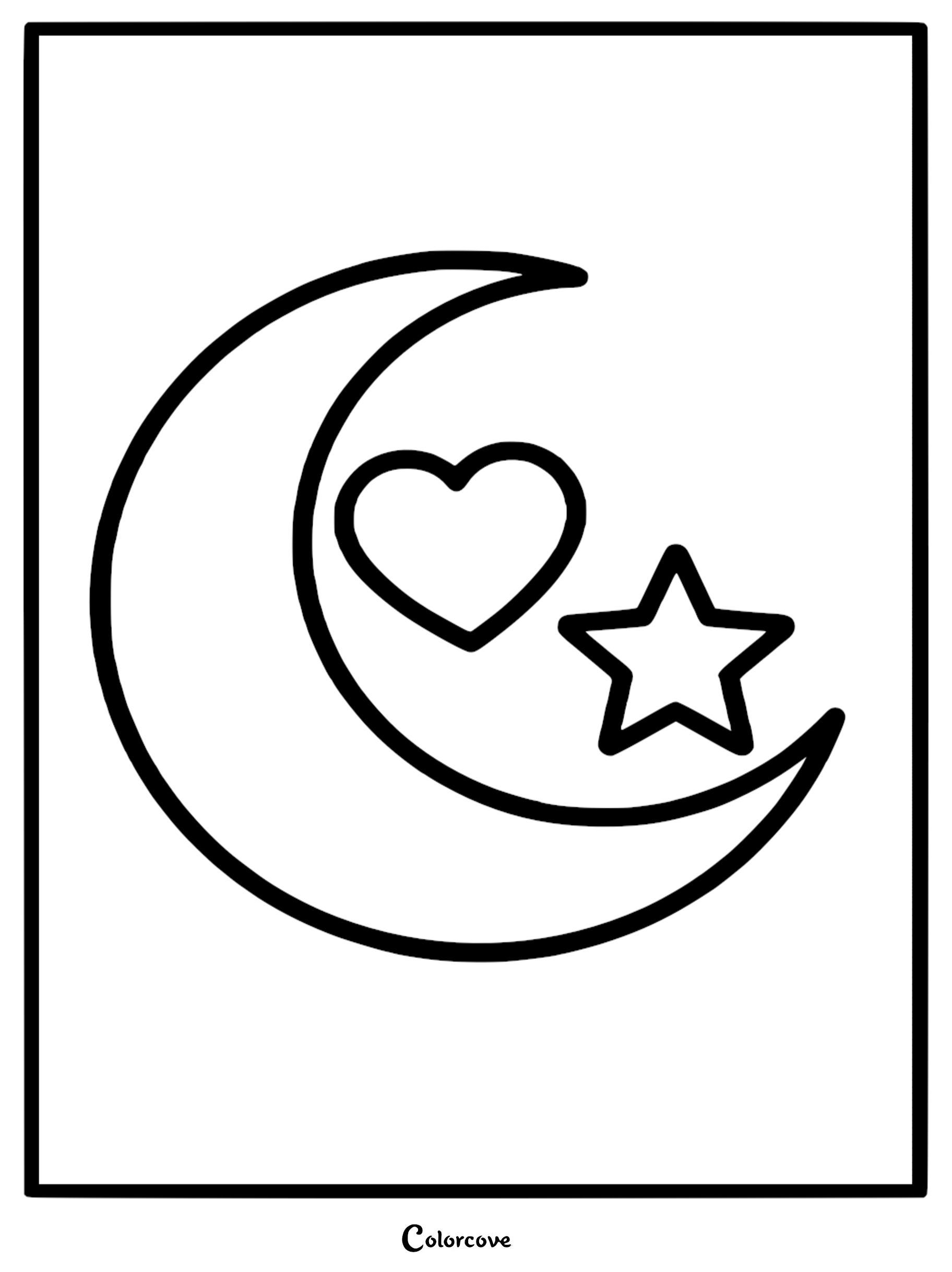 A simple Moon, heart, and star coloring page for kids to print and color at home.