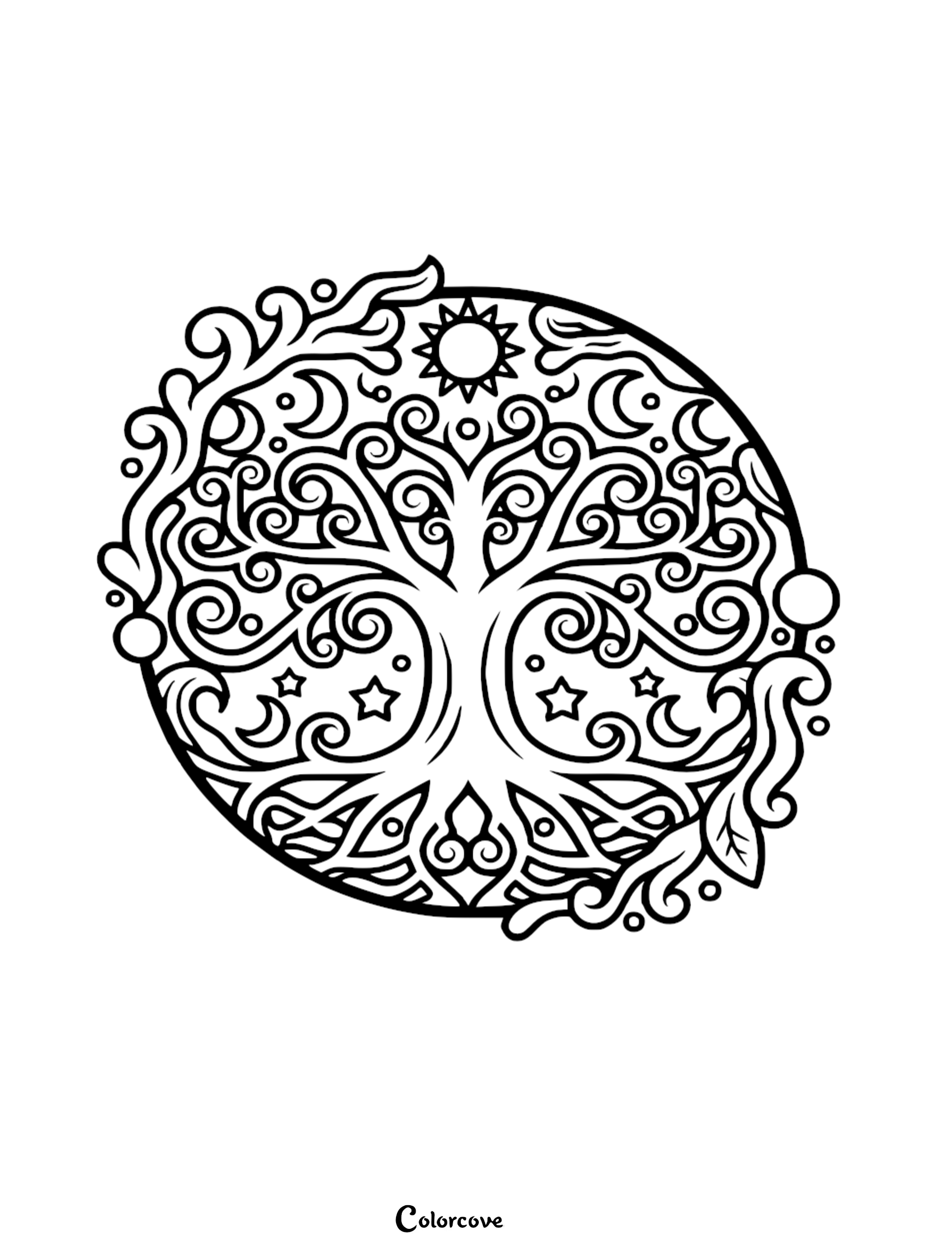 A detailed Tree of Life Moon Mandala coloring page featuring celestial sun and star elements, perfect for stress-relief and meditative art.