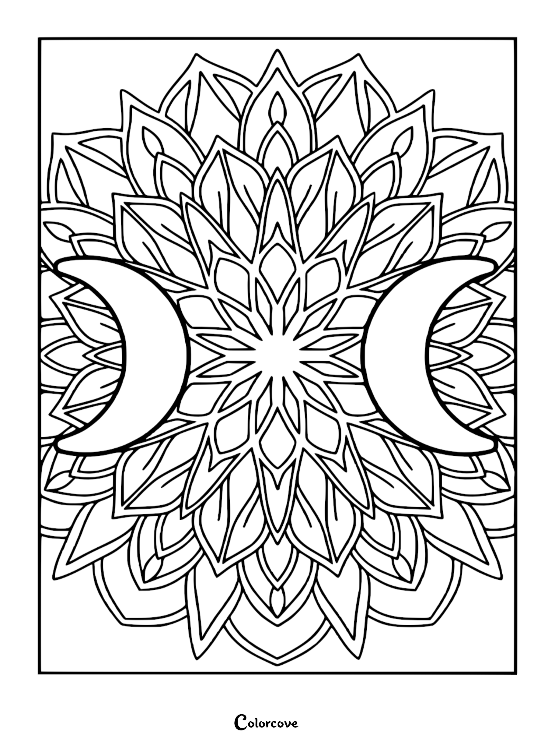 A beautiful moon mandala coloring page featuring crescent moons and intricate geometric floral patterns perfect for adult mindfulness and relaxation.