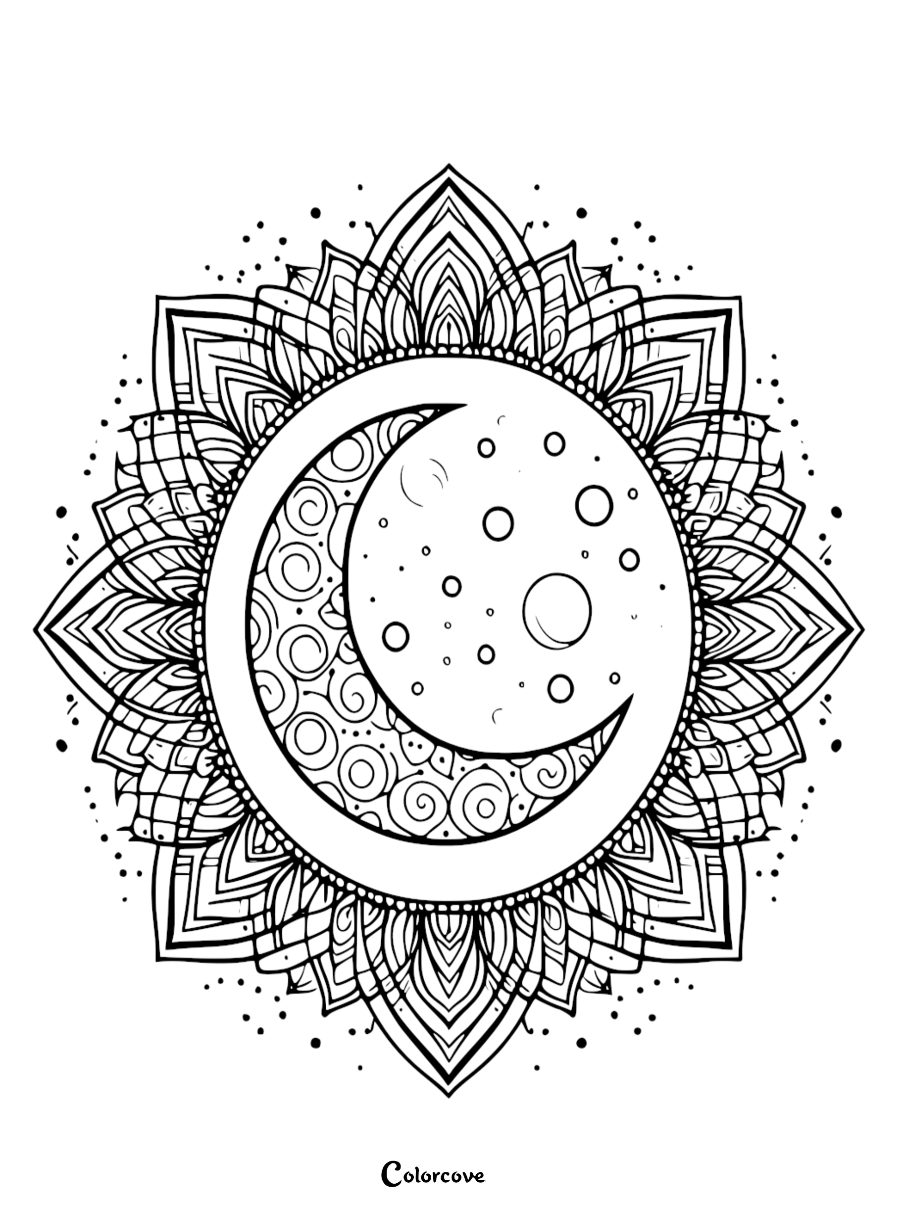 Intricate crescent moon mandala coloring page for adults featuring celestial patterns and detailed geometric designs.