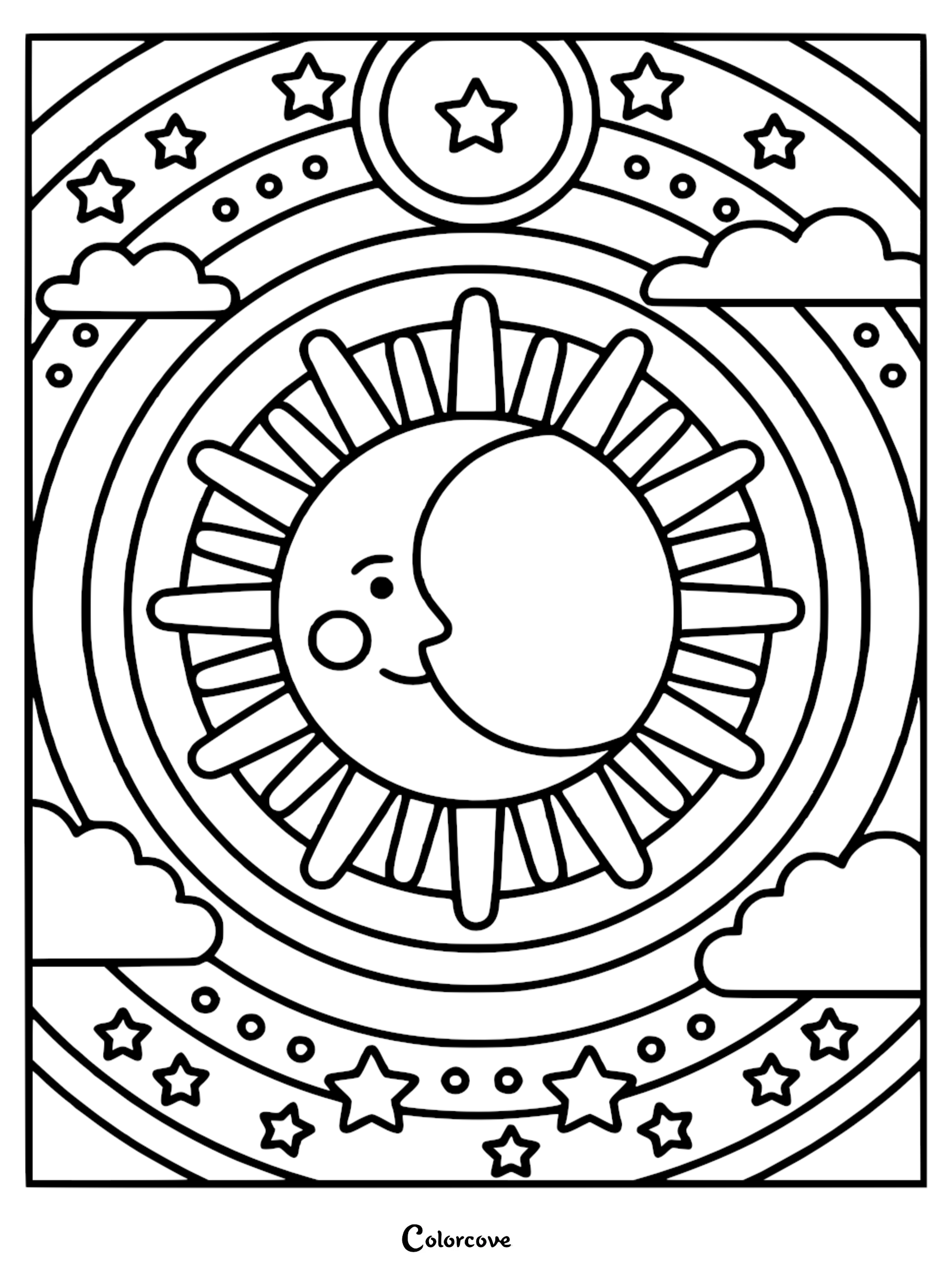 A printable celestial Moon Mandala coloring page featuring a smiling sun and moon face surrounded by stars and clouds.