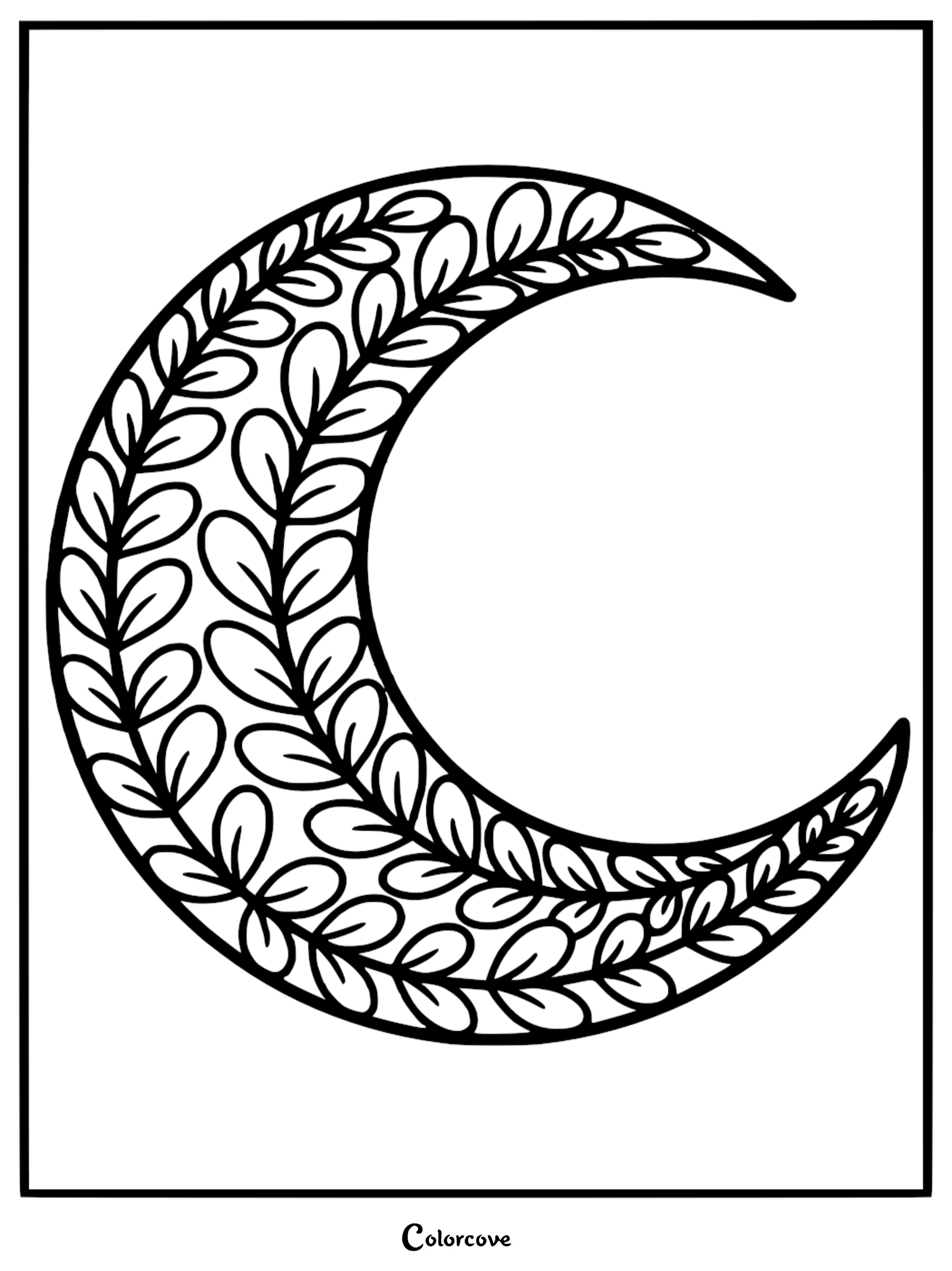 A beautiful crescent moon mandala coloring page featuring intricate leaf patterns for relaxing adult coloring.