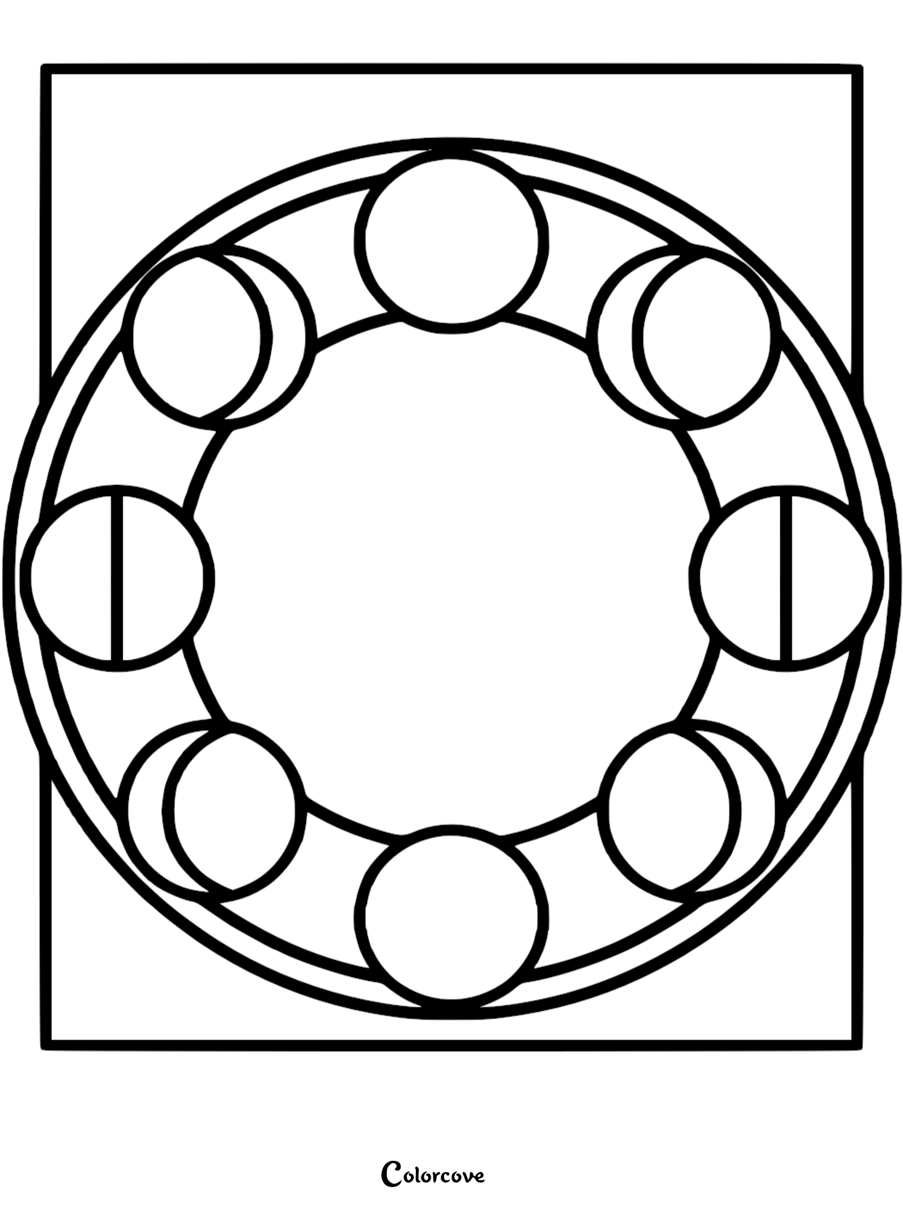 A printable Moon Mandala coloring page featuring the lunar cycle phases in a circular pattern for kids and adults.