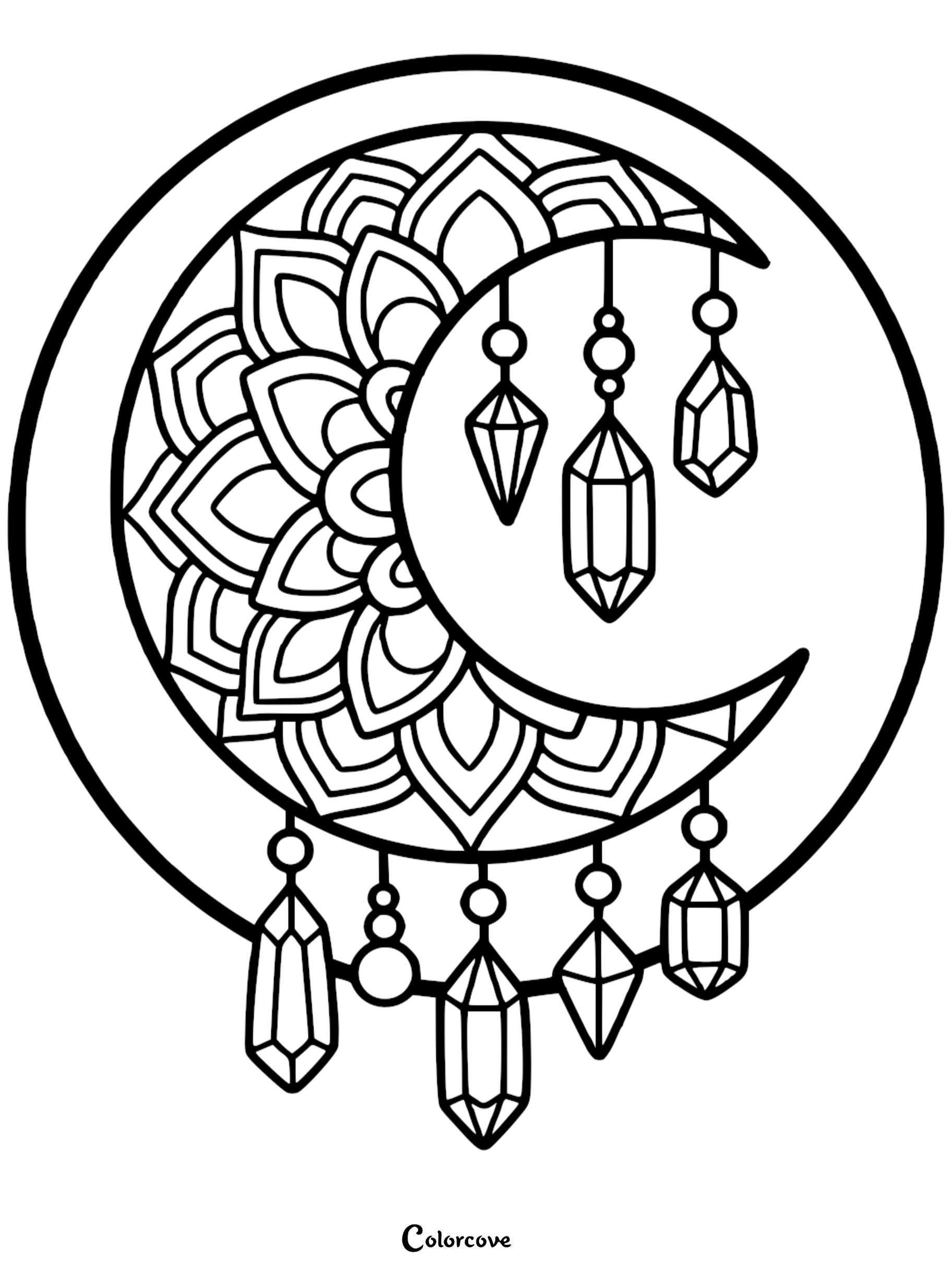 A beautiful crescent moon mandala coloring page featuring intricate patterns and hanging crystals for adults and kids to print and color.