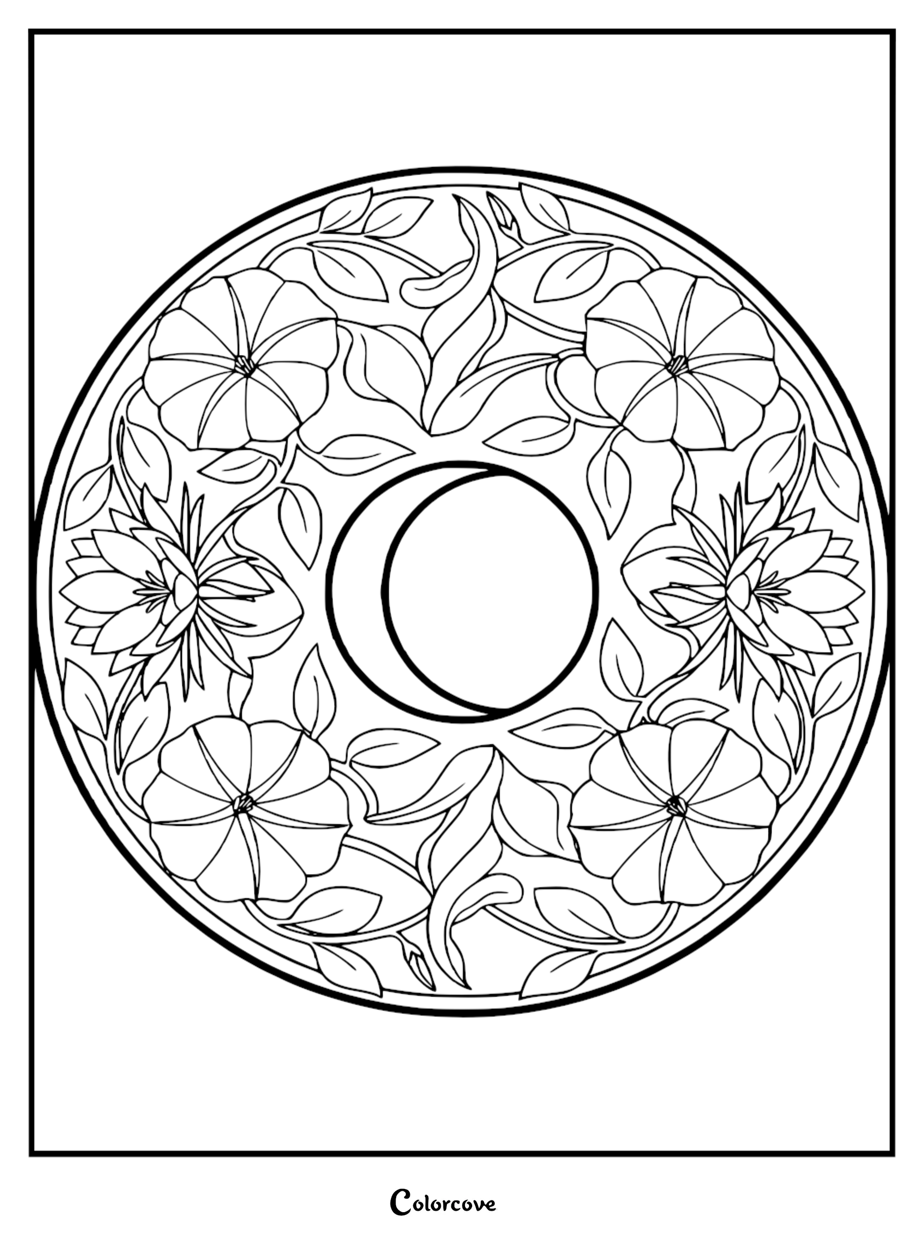A beautiful celestial moon mandala coloring page featuring intricate flowers, leaves, and a crescent moon center design for adults and kids.