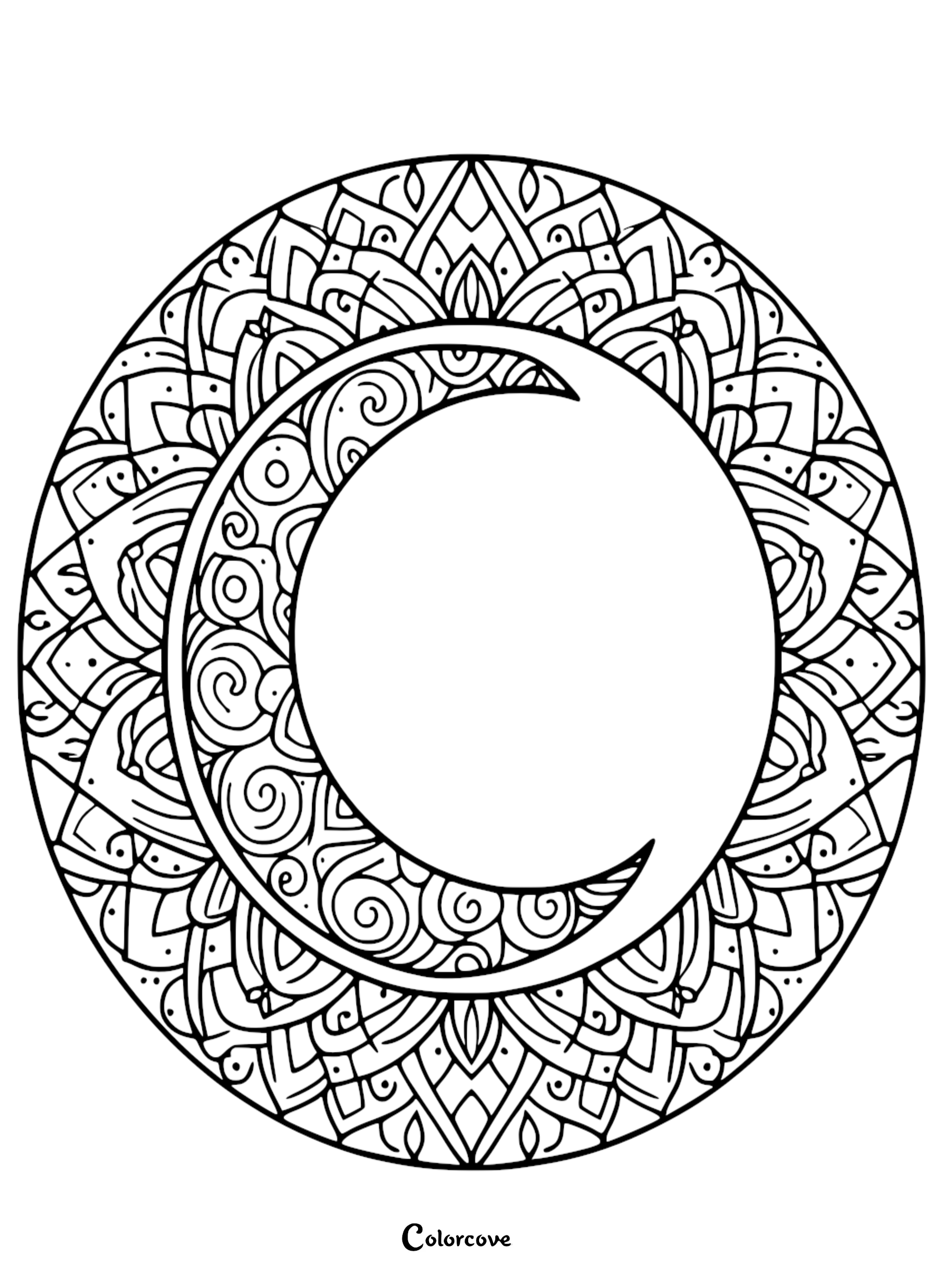 An intricate crescent moon mandala coloring page featuring detailed swirls and geometric patterns for stress relief and relaxation.