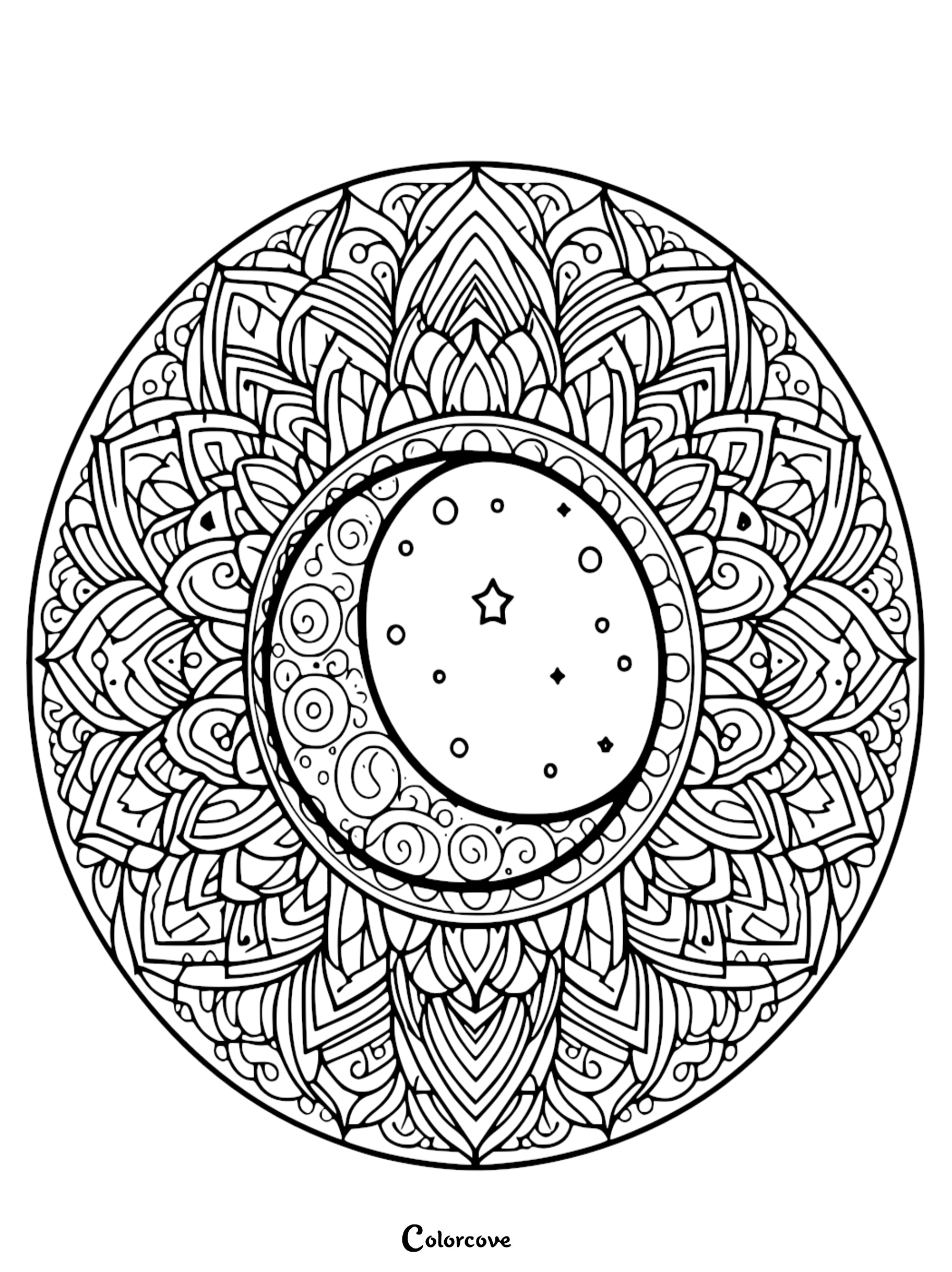 An intricate celestial mandala coloring page featuring a crescent moon and stars surrounded by detailed floral patterns for stress relief.
