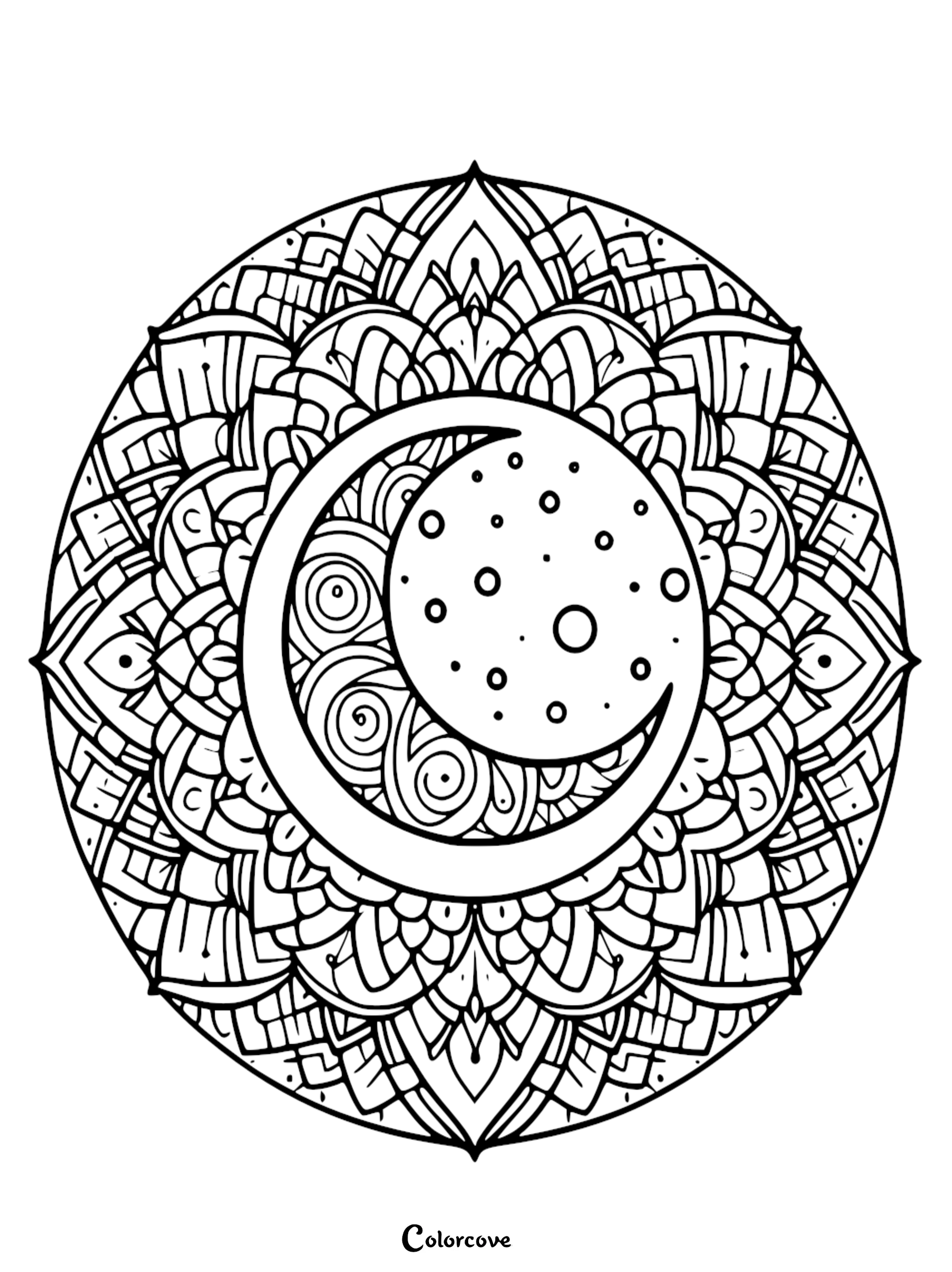 Intricate celestial moon mandala coloring page featuring a crescent moon and full moon with detailed floral and geometric patterns for stress relief and relaxation.