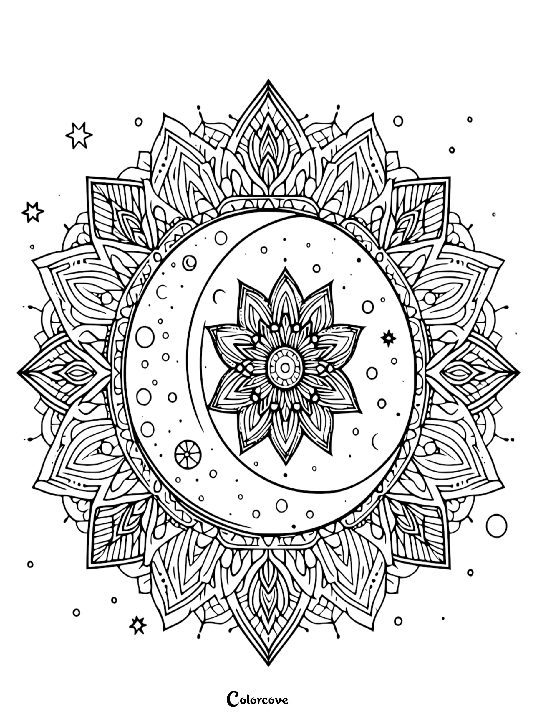 Detailed celestial mandala coloring page featuring a crescent moon and intricate floral patterns for mindfulness and stress relief.