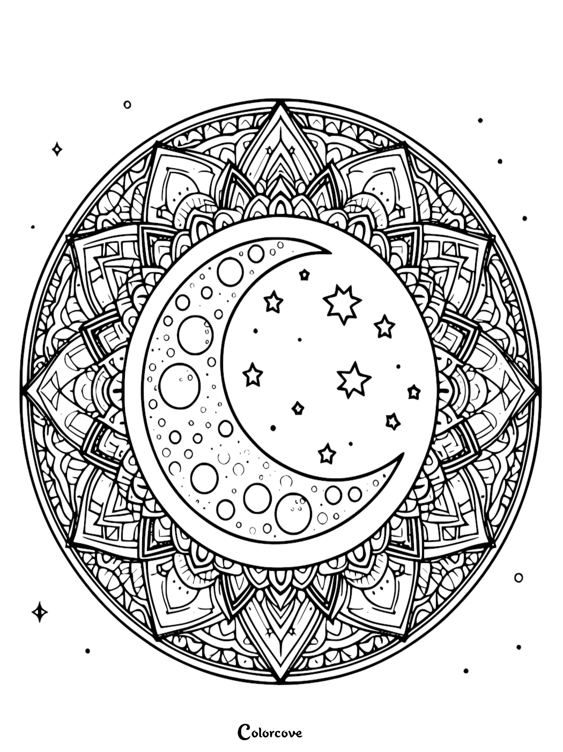 An intricate crescent moon and stars mandala coloring page for adults featuring detailed celestial patterns and geometric designs.