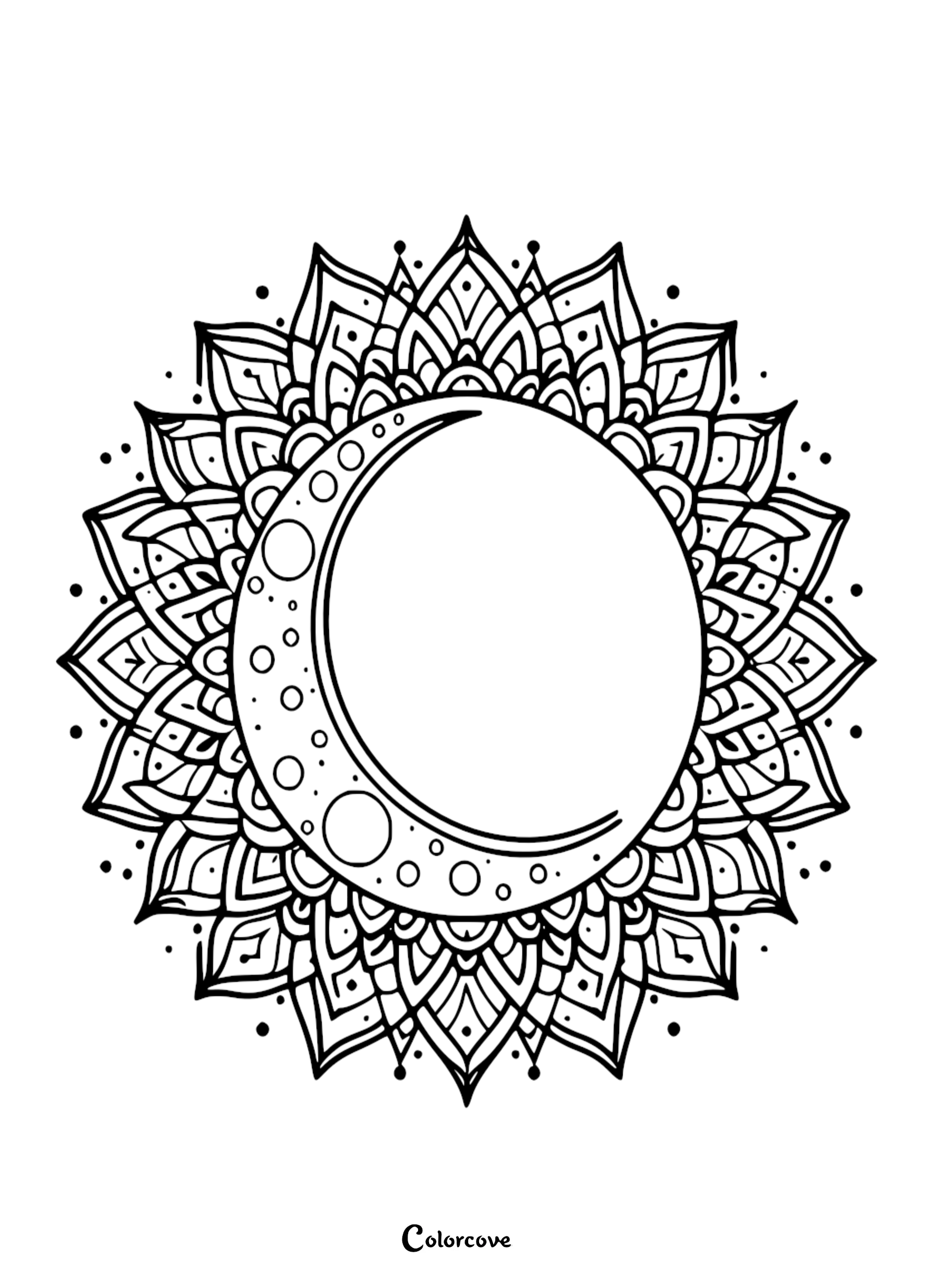 A detailed celestial sun and moon mandala coloring page for adults featuring a crescent moon with craters surrounded by complex geometric patterns.