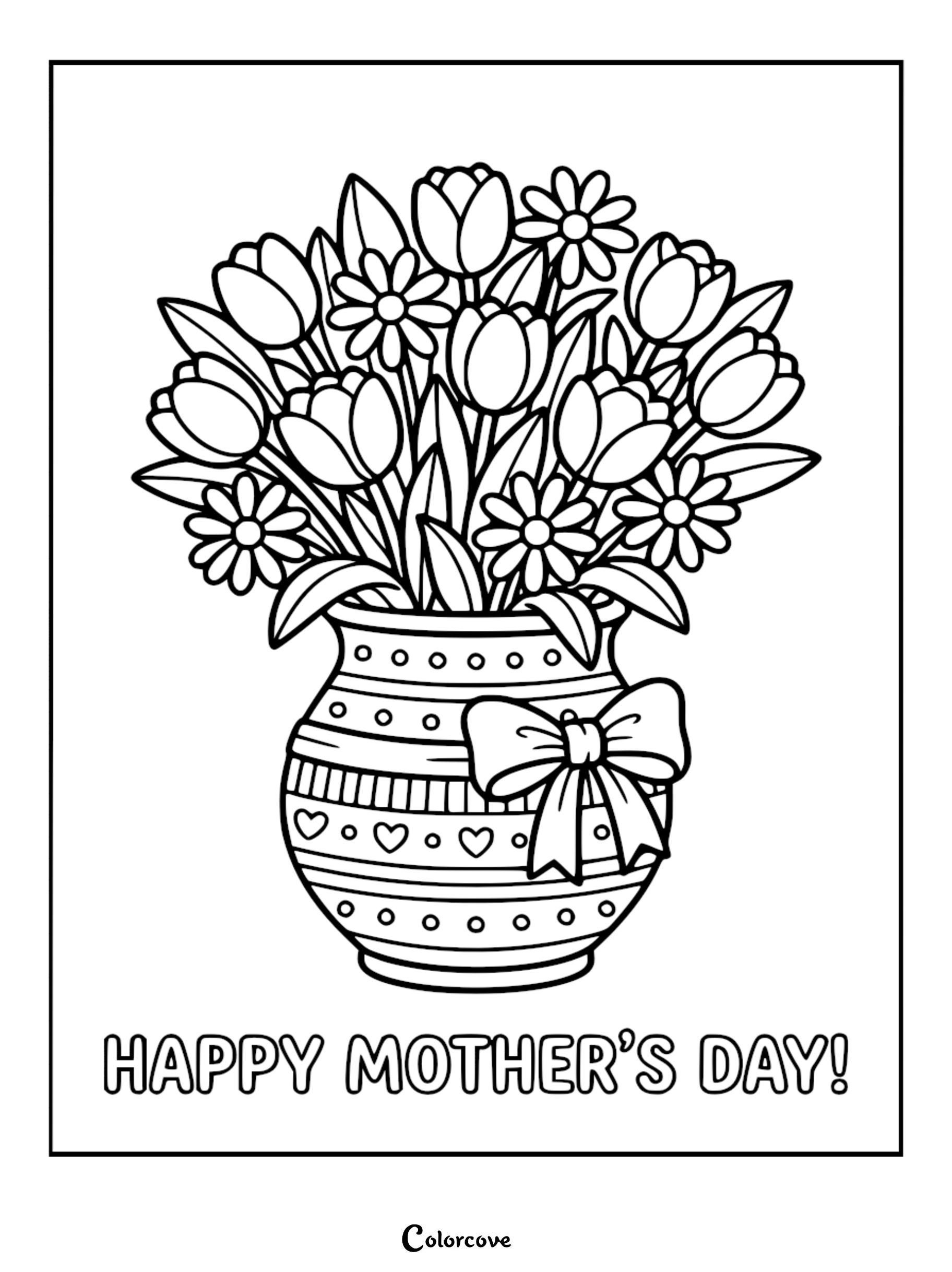 A printable Mother's Day coloring page featuring a decorative vase filled with tulips and daisies, accented by a large bow.