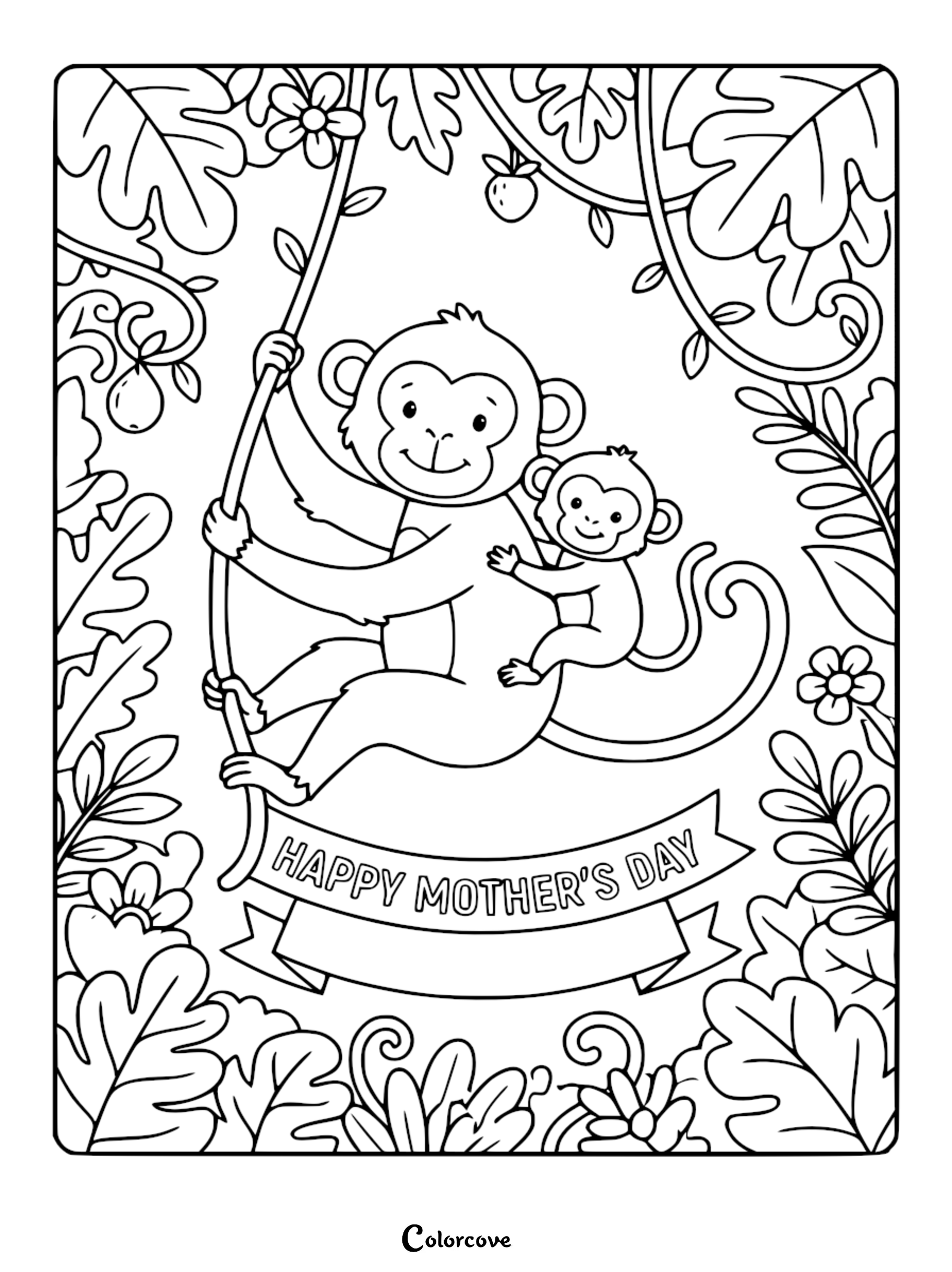 A sweet Mother's Day coloring page featuring a cartoon mother monkey holding her baby while swinging on a vine in a jungle surrounded by leaves and flowers with a Happy Mother's Day banner.