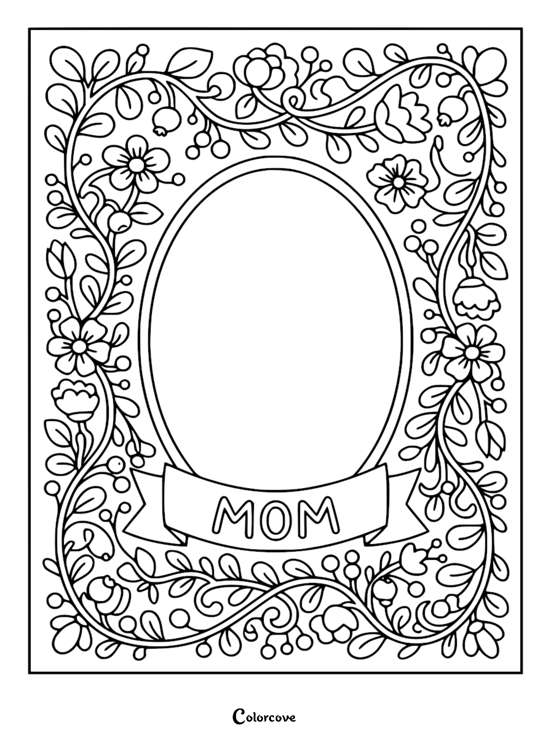 An intricate Mother's Day coloring page featuring an oval portrait frame surrounded by blooming flowers, leaves, and berries, with a banner at the bottom labeled MOM.