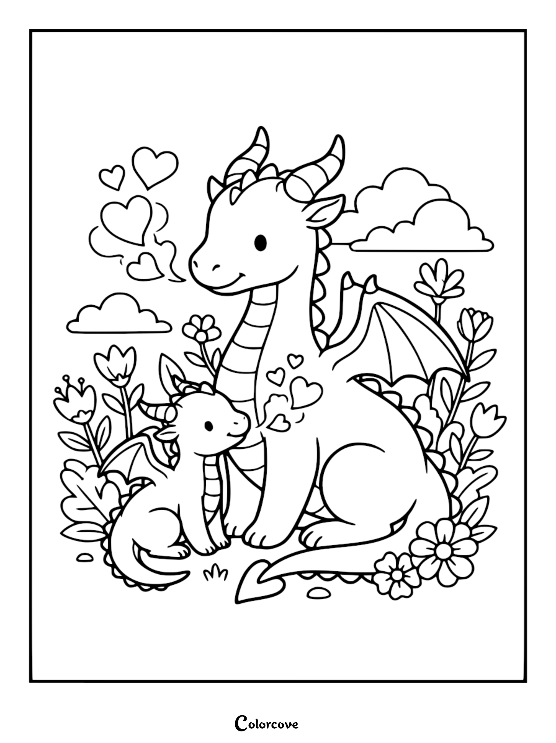 A cute Mother Dragon and baby dragon sitting together in a flower garden with floating hearts, perfect as a Mother's Day coloring page.
