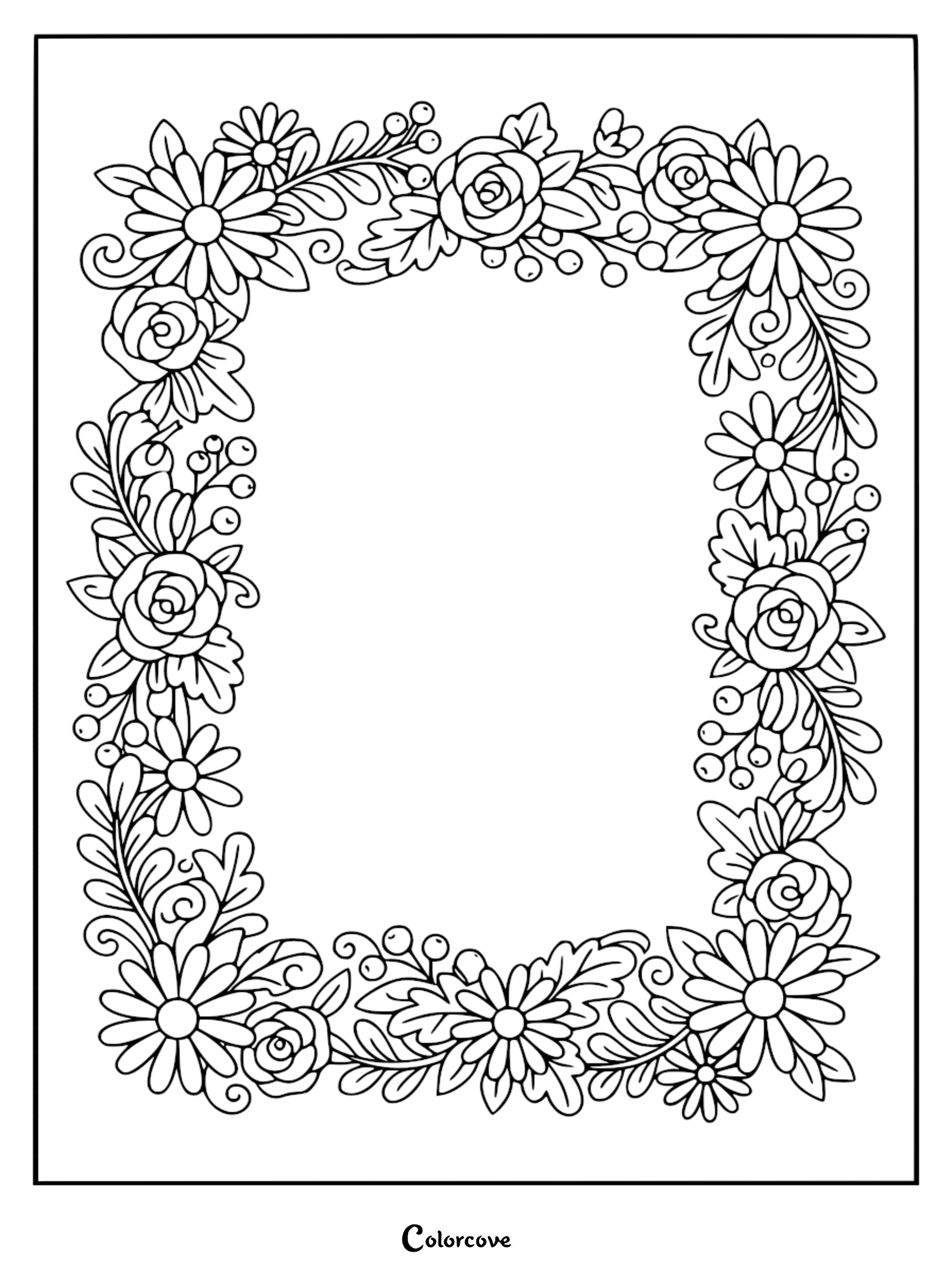 A beautiful rectangular coloring page featuring a decorative frame made of hand-drawn roses, daisies, lush leaves, and small berries.