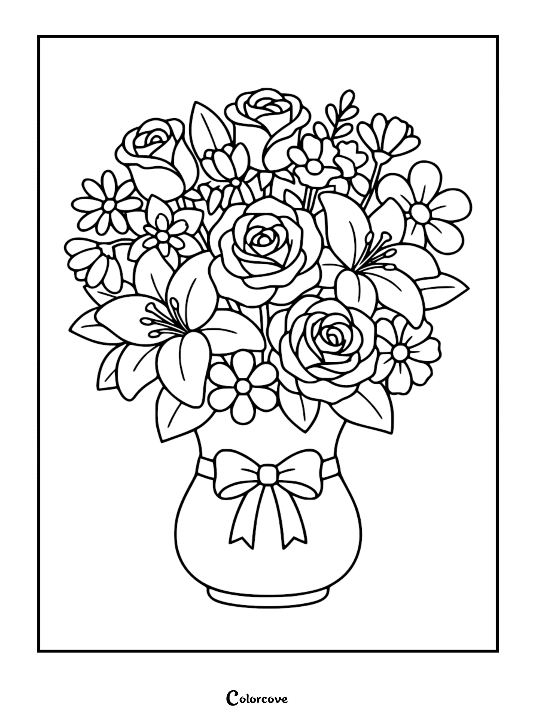 Intricate Mother's Day flower bouquet coloring page featuring detailed roses, lilies, and small daisies in a tied ribbon vase.