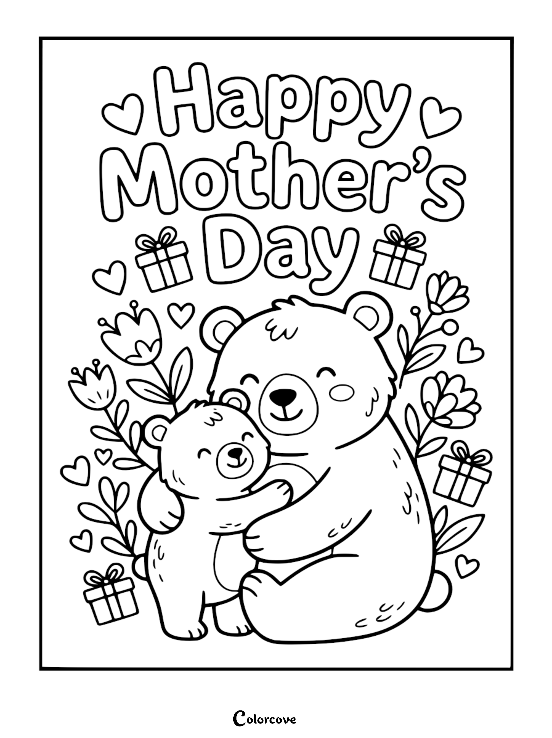 A printable Mother's Day coloring page featuring a mama bear and her cub hugging, surrounded by flowers, gift boxes, and heart decorations.