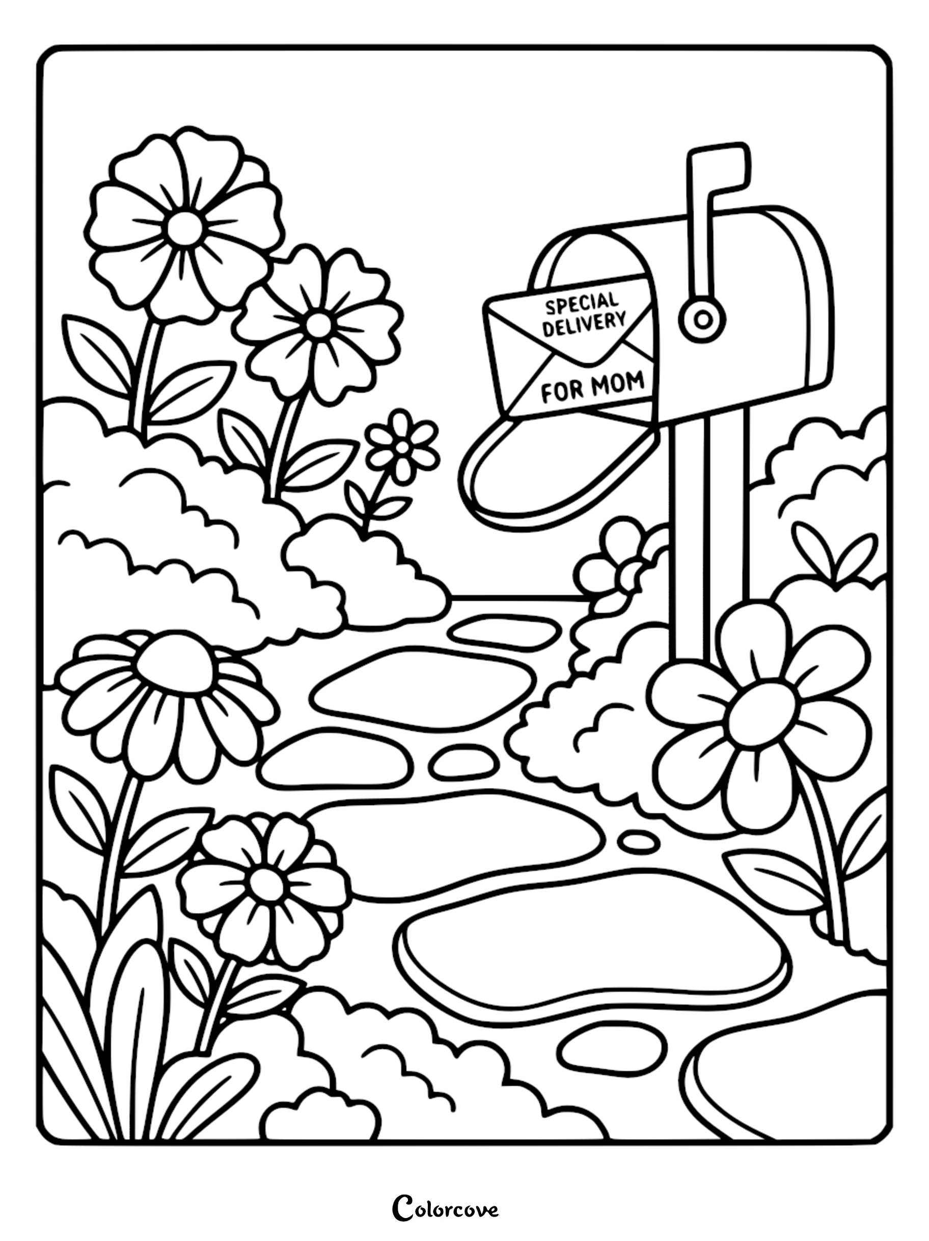 A printable Mother's Day coloring page featuring a mailbox with a letter labeled 'Special Delivery For Mom' situated on a stone path surrounded by blooming flowers and garden bushes.