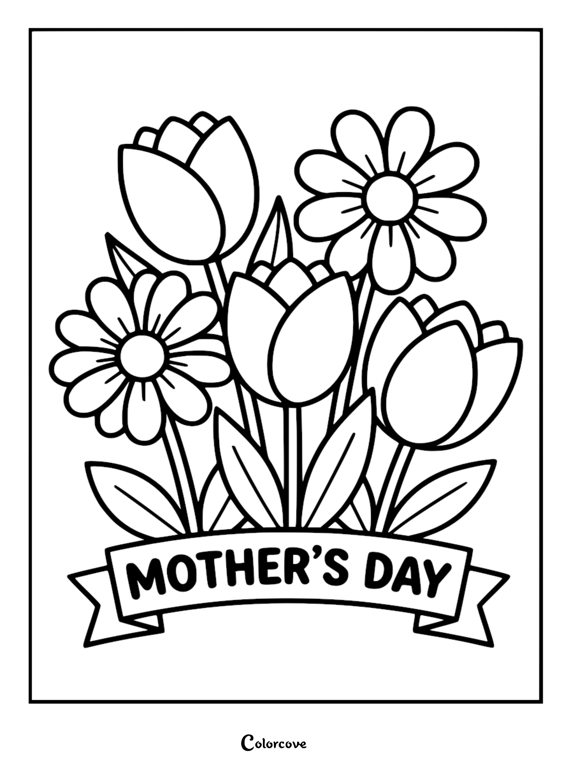 A simple line art coloring page featuring a bouquet of three tulips and two daisies with a Mother's Day ribbon banner.