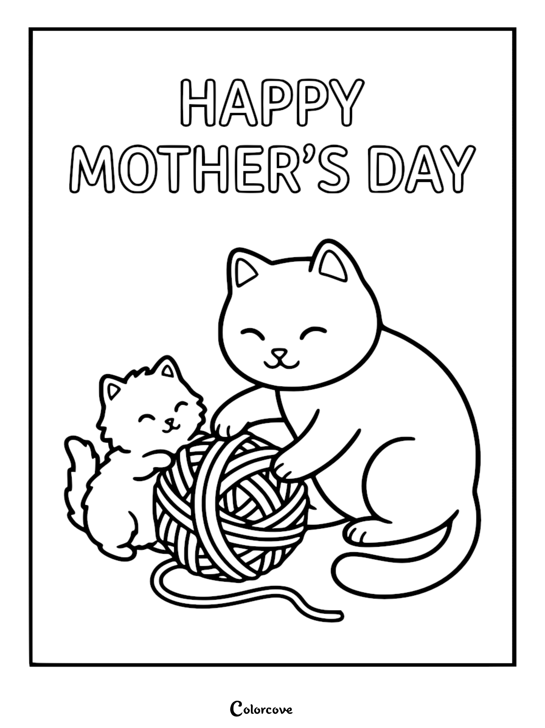 A cute Mother's Day coloring page featuring a smiling mama cat and her fluffy kitten playing with a large ball of yarn.