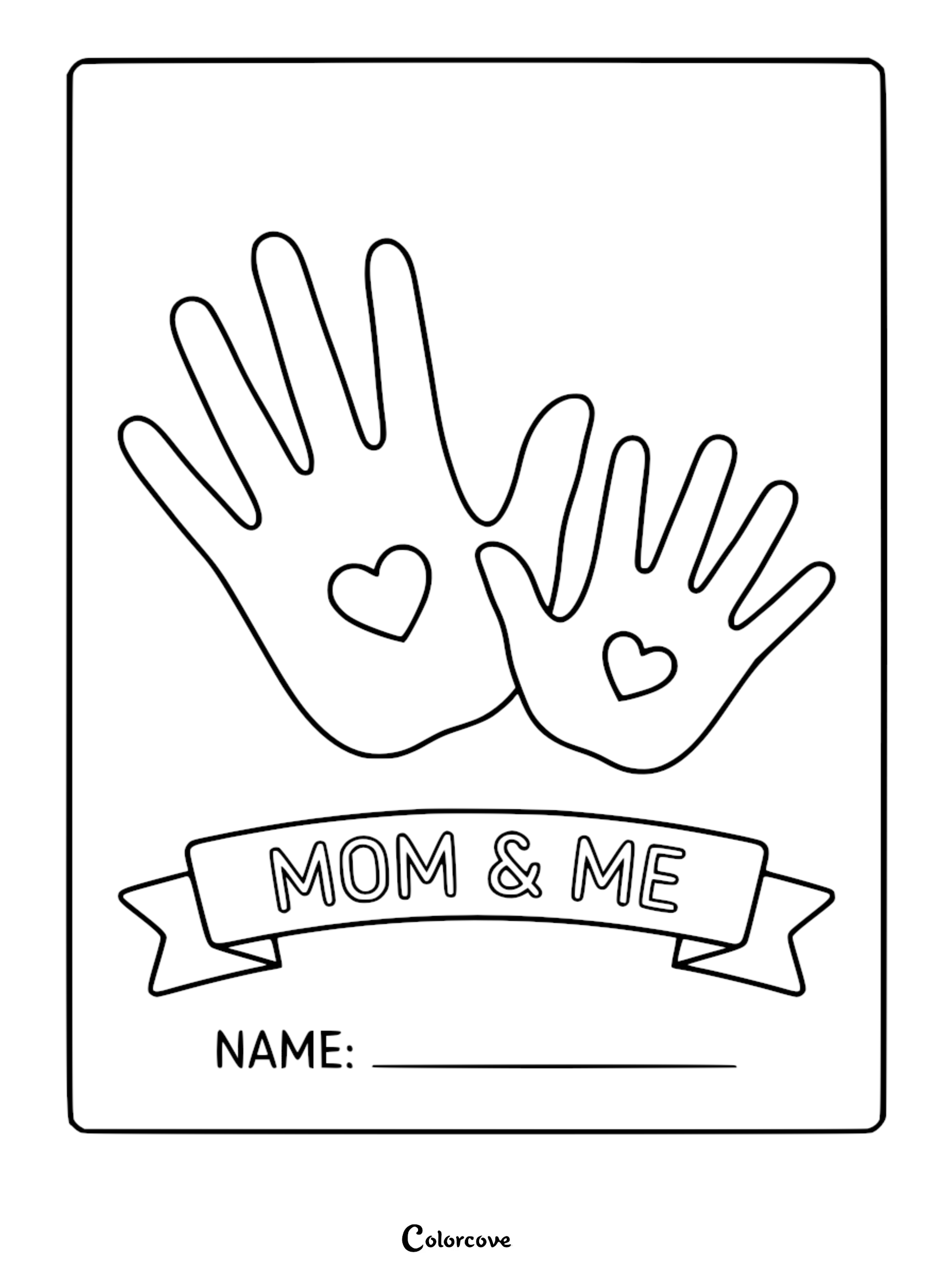 A printable Mother's Day coloring page featuring a large adult handprint and a smaller child's handprint, each decorated with a central heart, above a ribbon banner labeled MOM & ME.