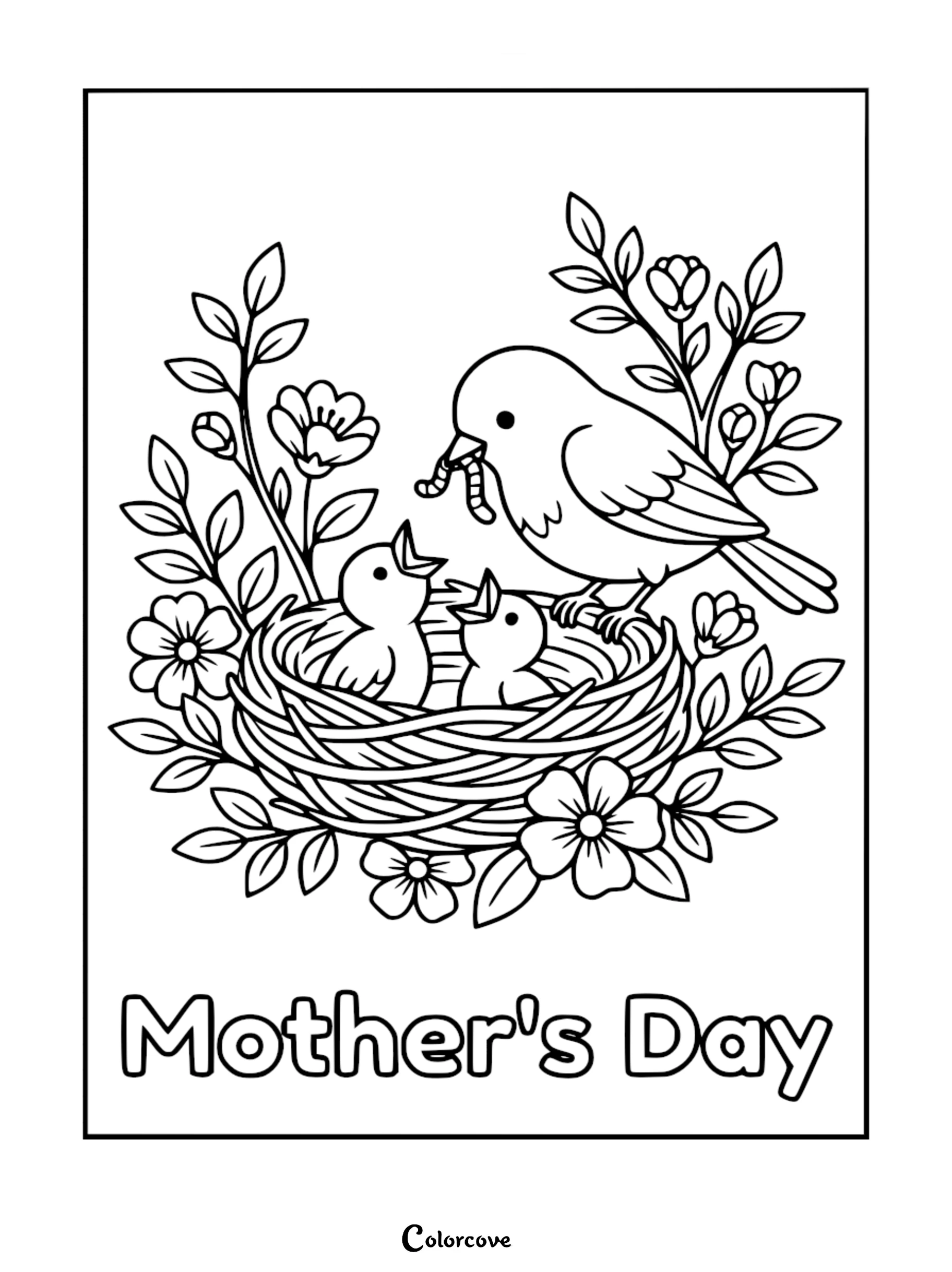 A mother bird bringing a worm to two hungry chicks in a floral nest for a Mother's Day coloring page.