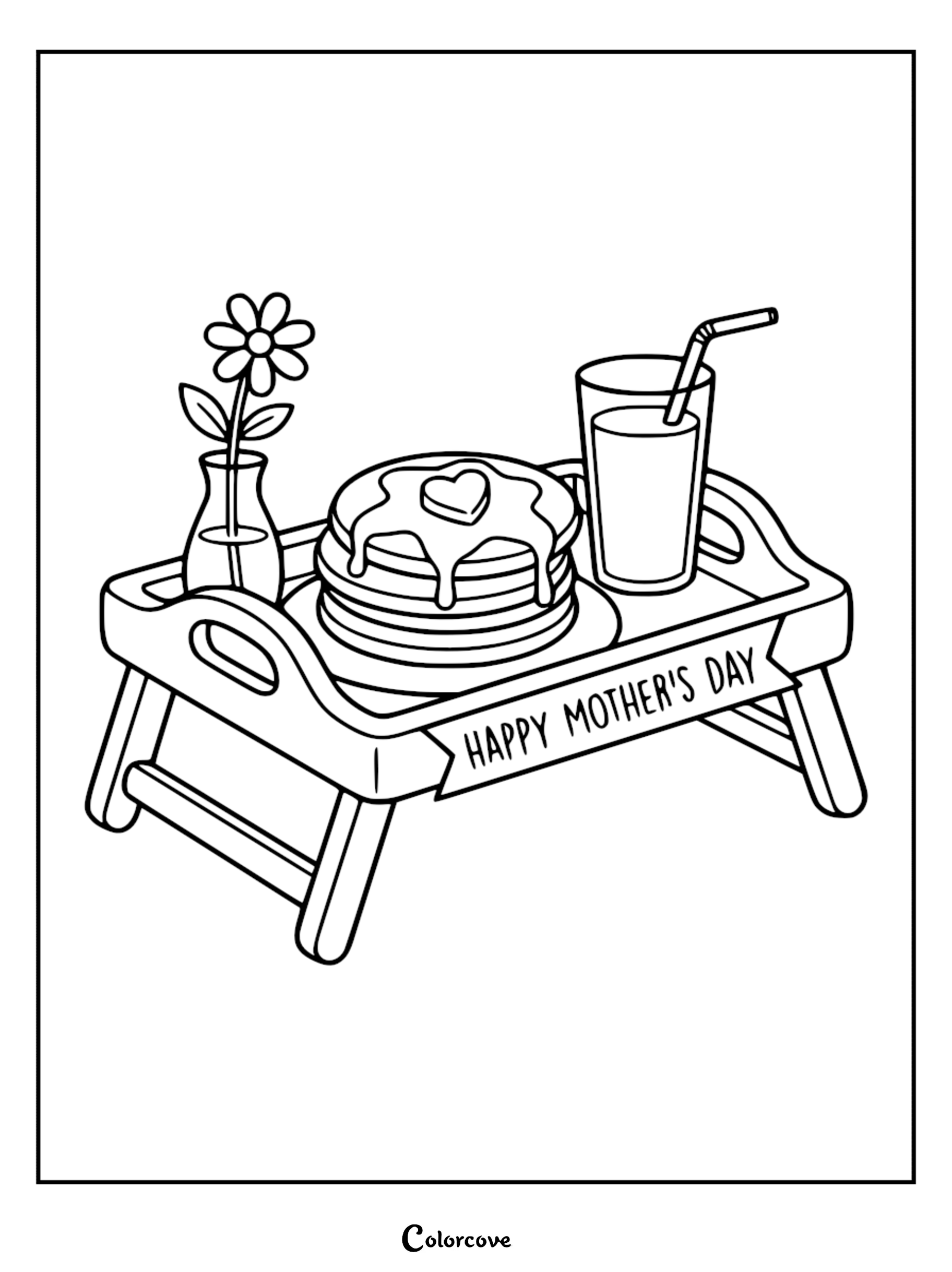 A breakfast in bed coloring page featuring a tray with a stack of heart-topped pancakes, a glass of juice, and a single daisy in a vase.