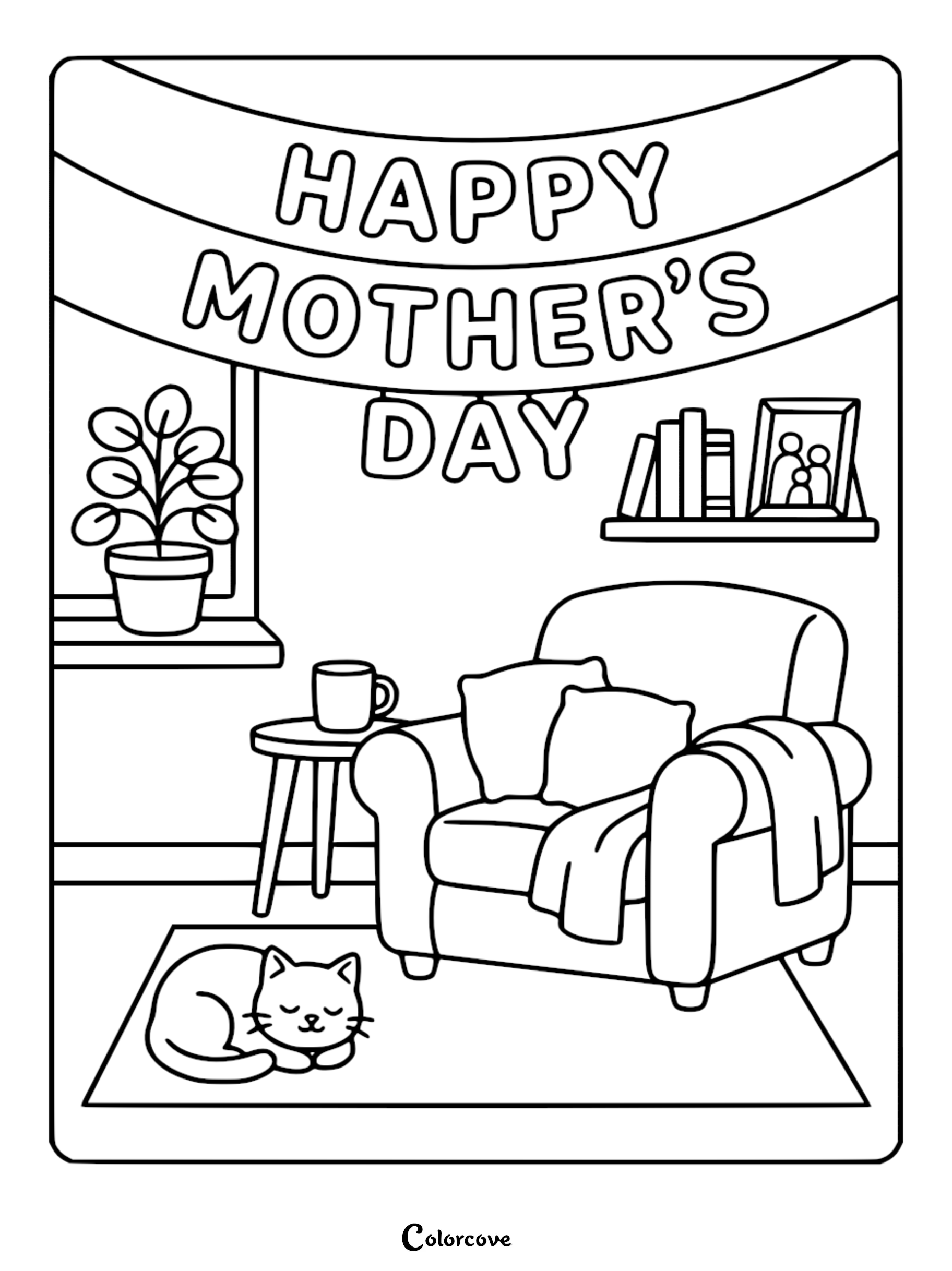 A printable Mother's Day coloring page featuring a cozy living room with a banner, a comfortable armchair, a sleeping cat on a rug, and a plant.