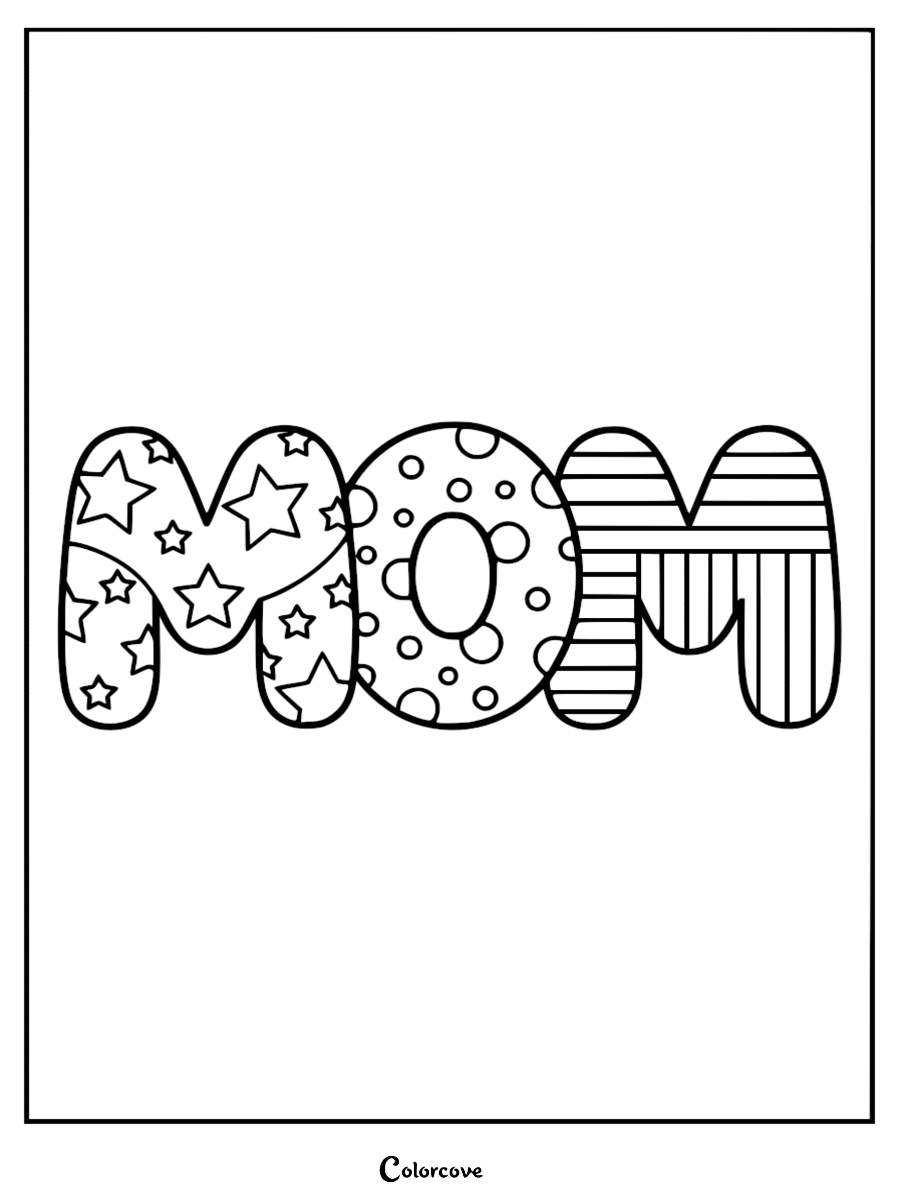 A printable Mother's Day coloring page featuring the word MOM with stars, polka dots, and stripes patterns.