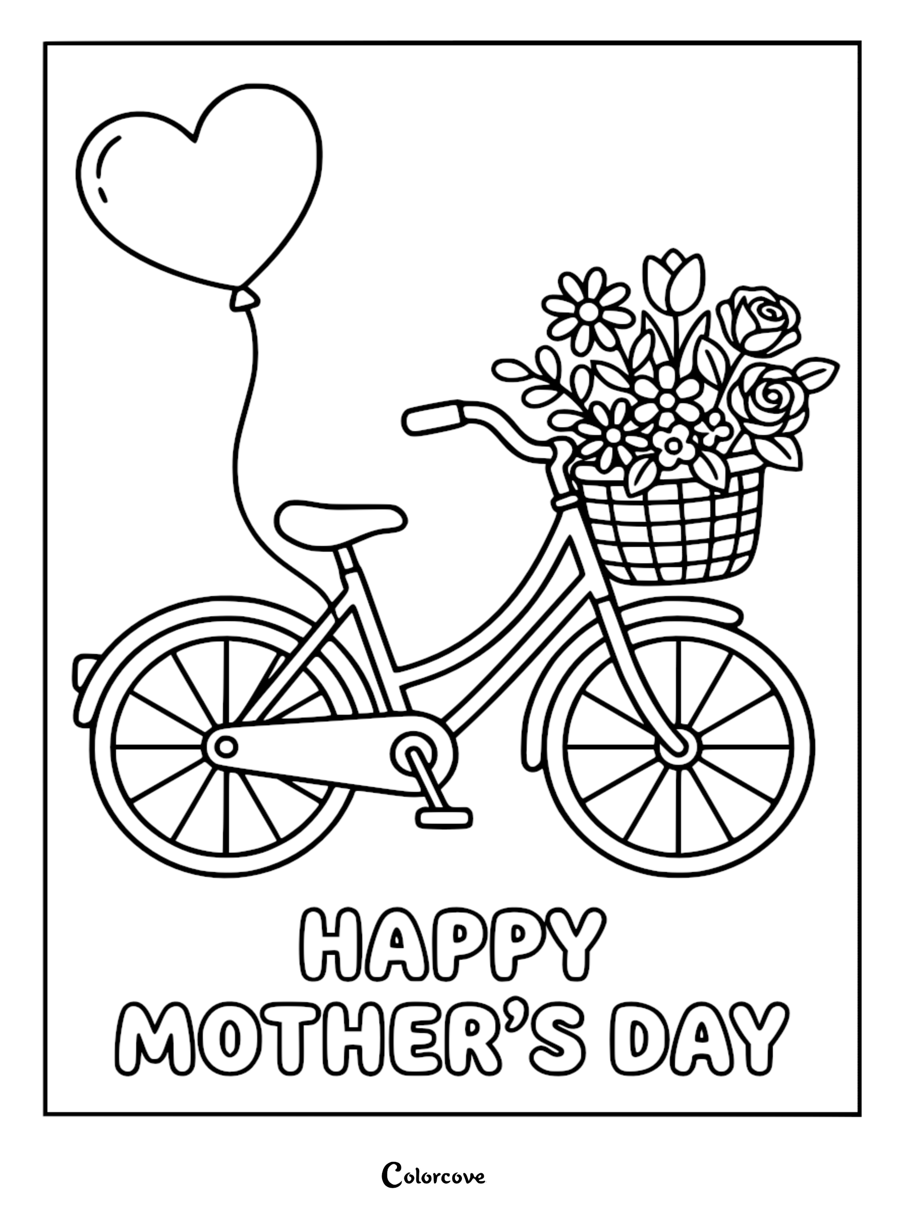 A printable Mother's Day coloring page featuring a vintage bicycle with a basket overflowing with roses and daisies, tied with a heart-shaped balloon.