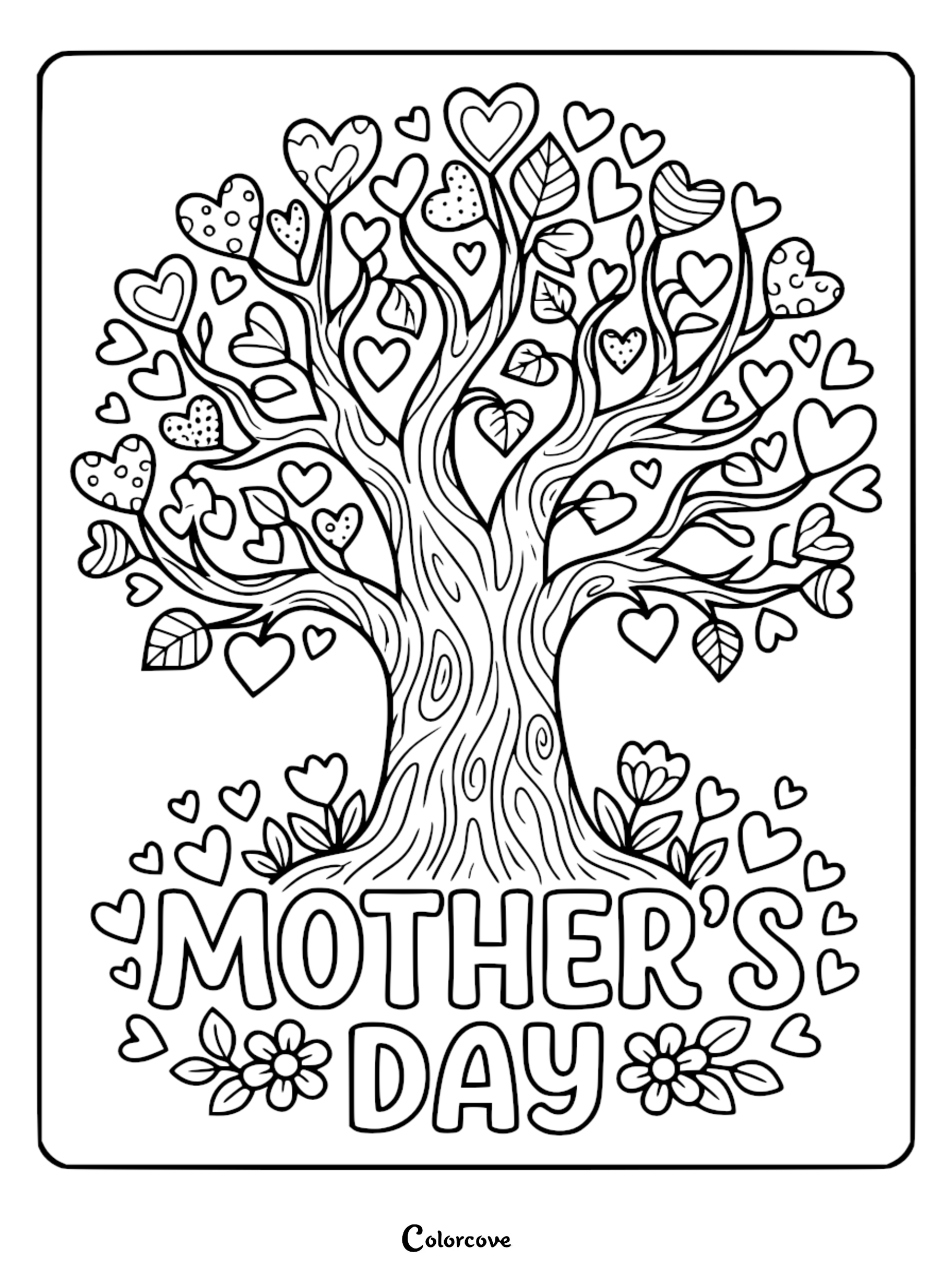 A decorative Mother's Day coloring page featuring a large tree with heart-shaped leaves and flowers, with the text Mother's Day written at the bottom.