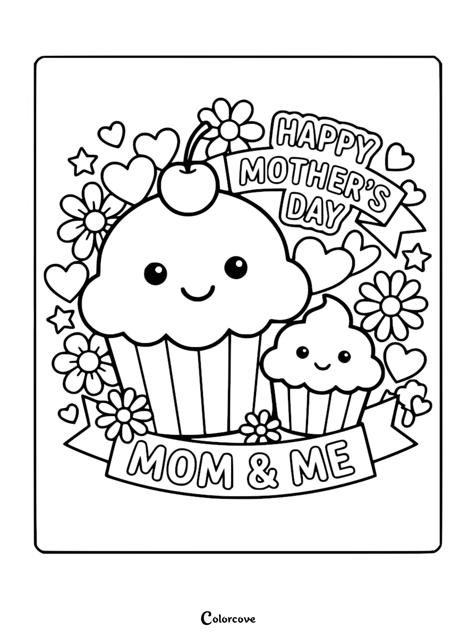 Kawaii style coloring page featuring a large cupcake and a small cupcake, both with smiling faces, surrounded by daisies, hearts, and stars with banners reading Happy Mother's Day and Mom & Me.