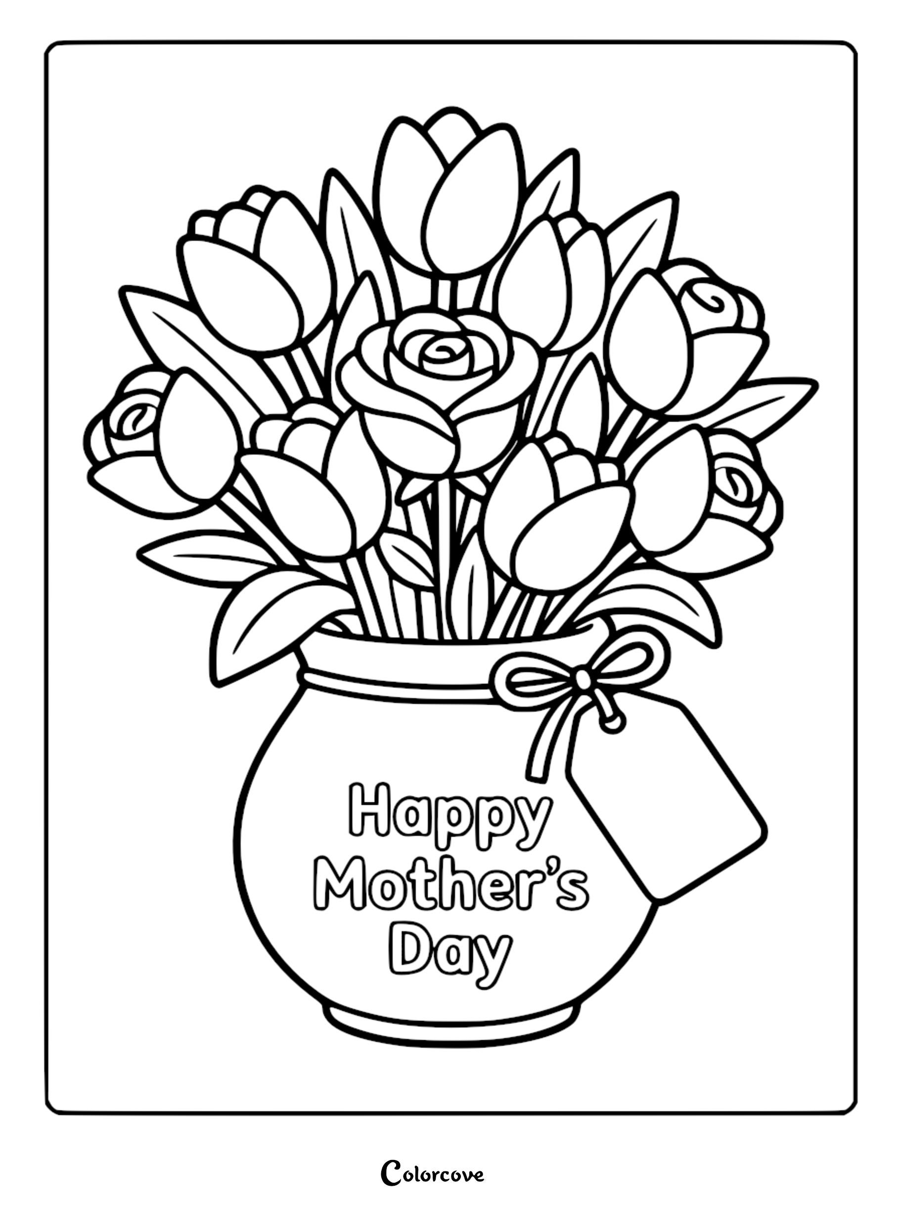 A printable Mother's Day coloring page featuring a ceramic vase filled with a bouquet of tulips and a central rose, accented by a gift tag tied with a ribbon.