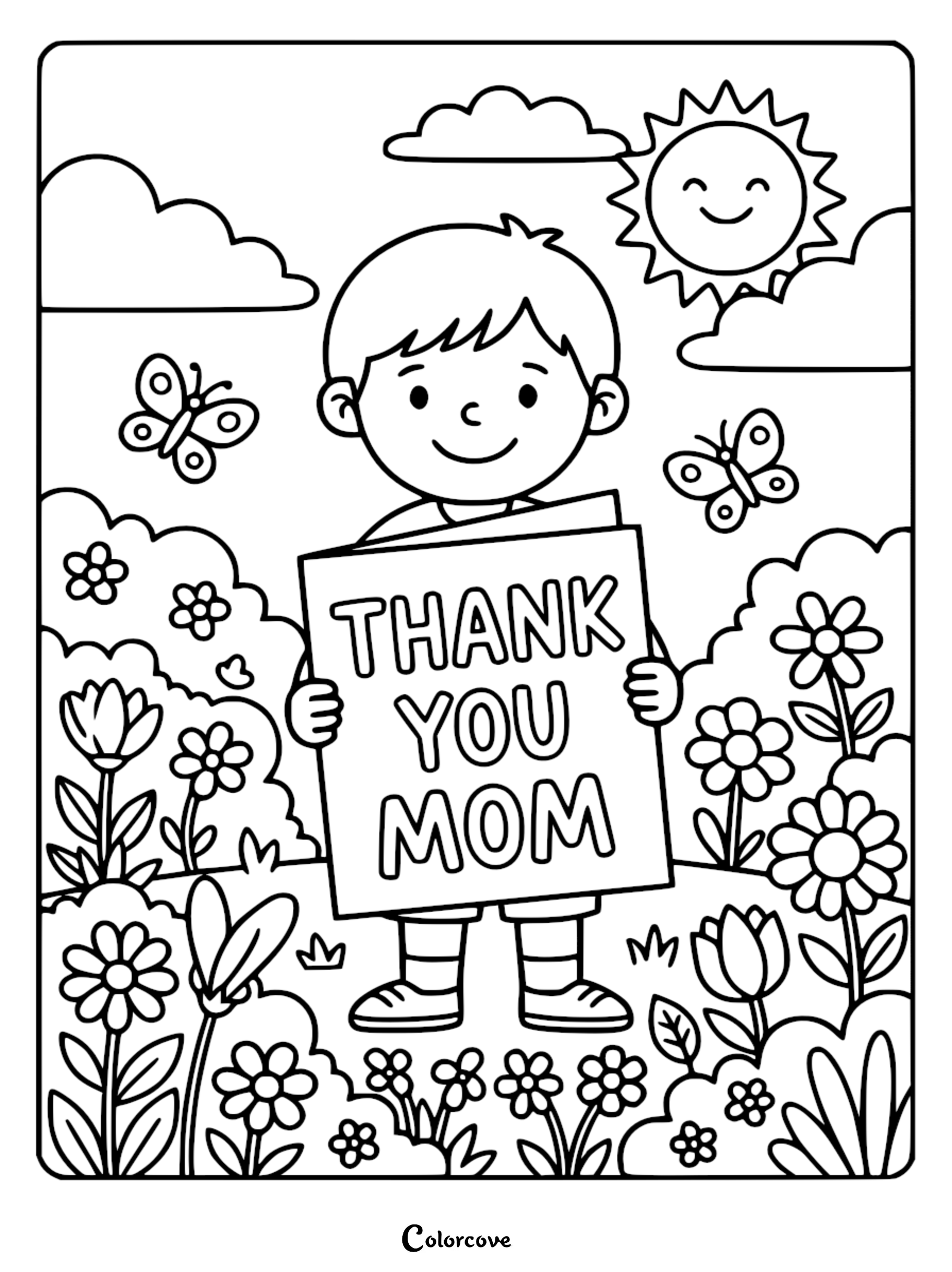 A smiling boy in a flower garden holding a sign that says Thank You Mom, featuring butterflies and a sunny sky in this Mother's Day coloring page.
