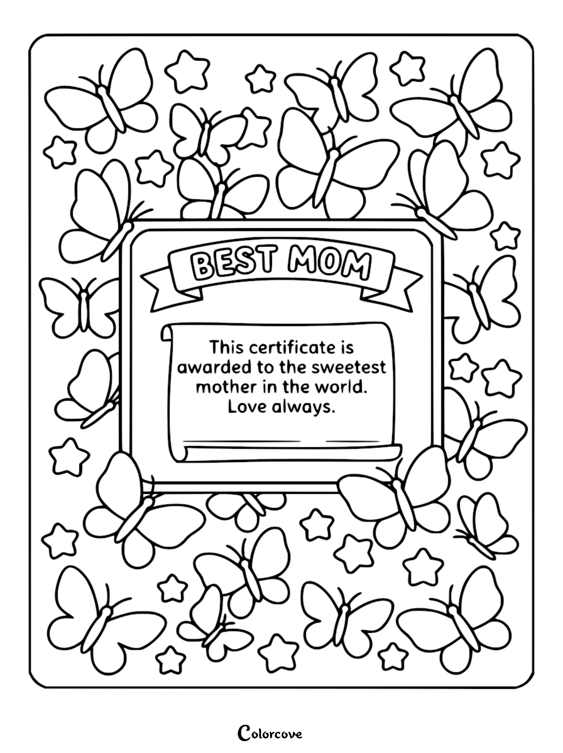 A printable Best Mom award certificate coloring page surrounded by butterflies and stars, with scroll text declaring the recipient the sweetest mother.