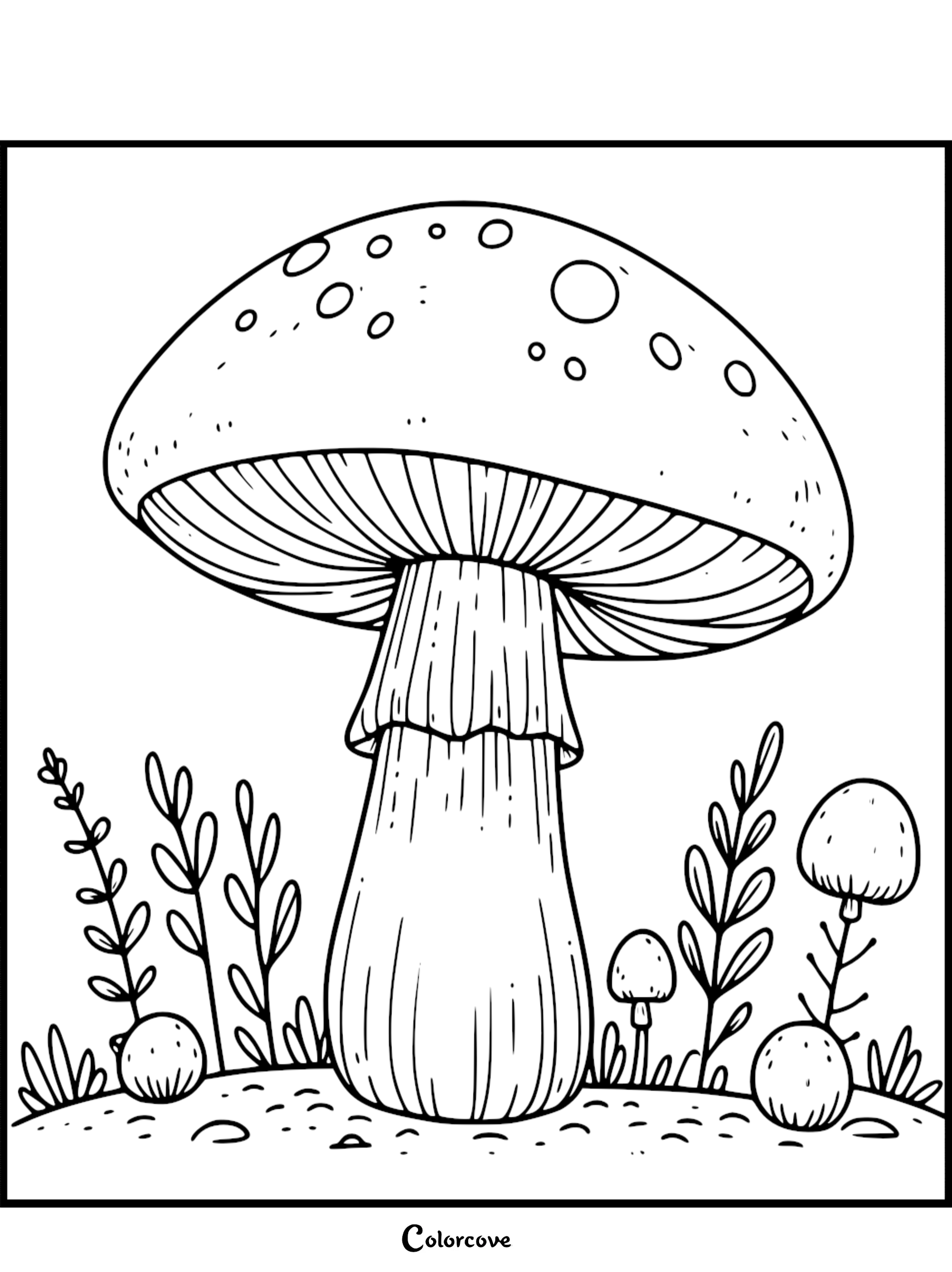 Mushroom coloring page with plants and small mushrooms, detailed for kids and adults by ColorCove.org.
